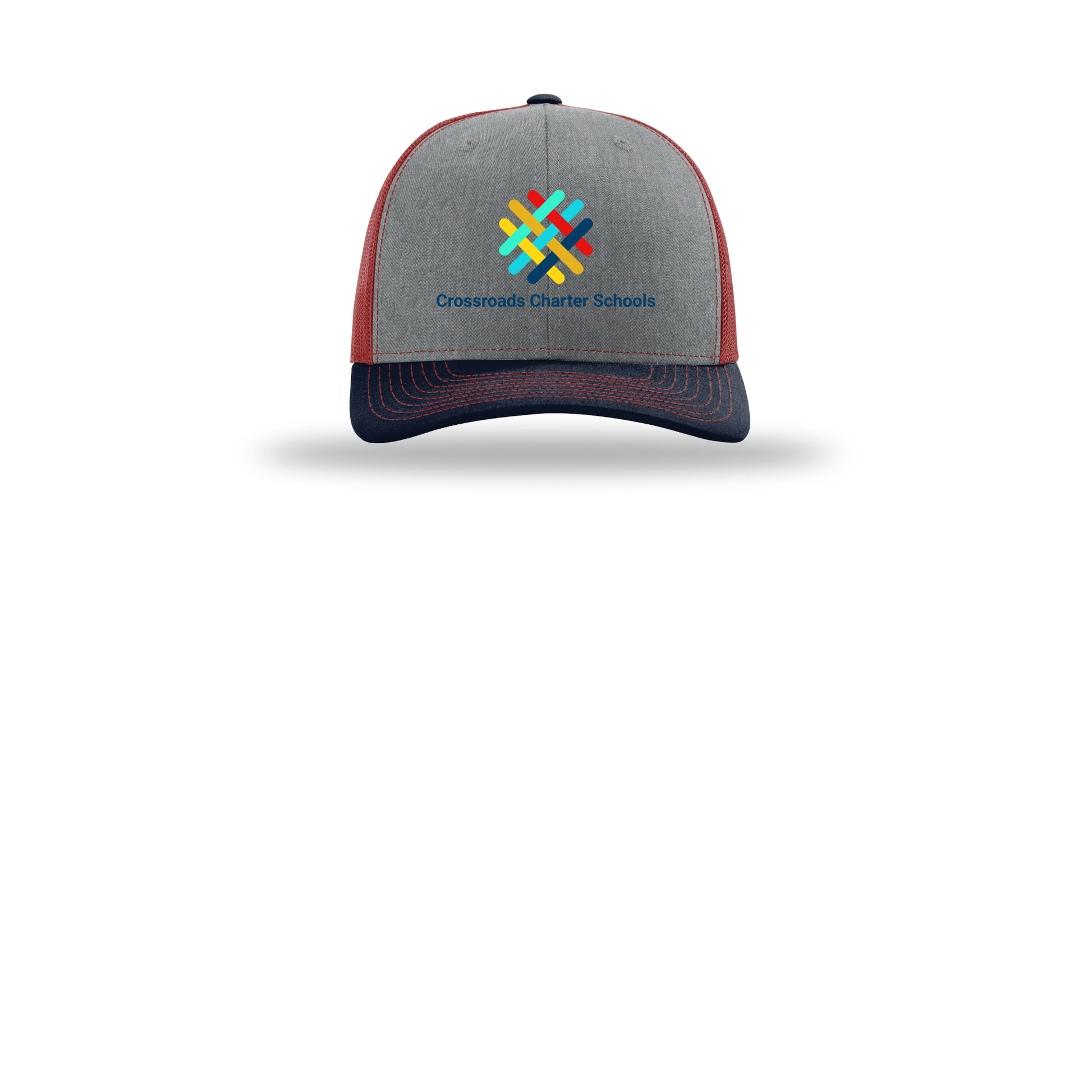 crossroadsschoolskc-richardson-trucker-cap-embroidery-capfront-R112-heathergreycardinalnavy-flat-front
