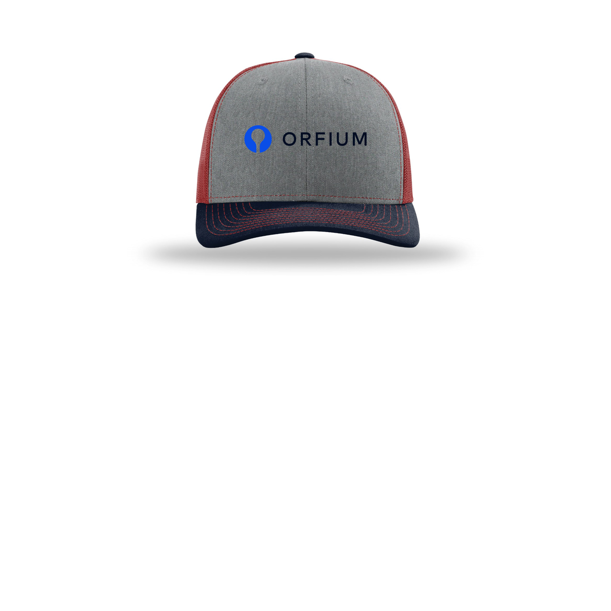 orfium-richardson-trucker-cap-embroidery-capfront-R112-heathergreycardinalnavy-flat-front