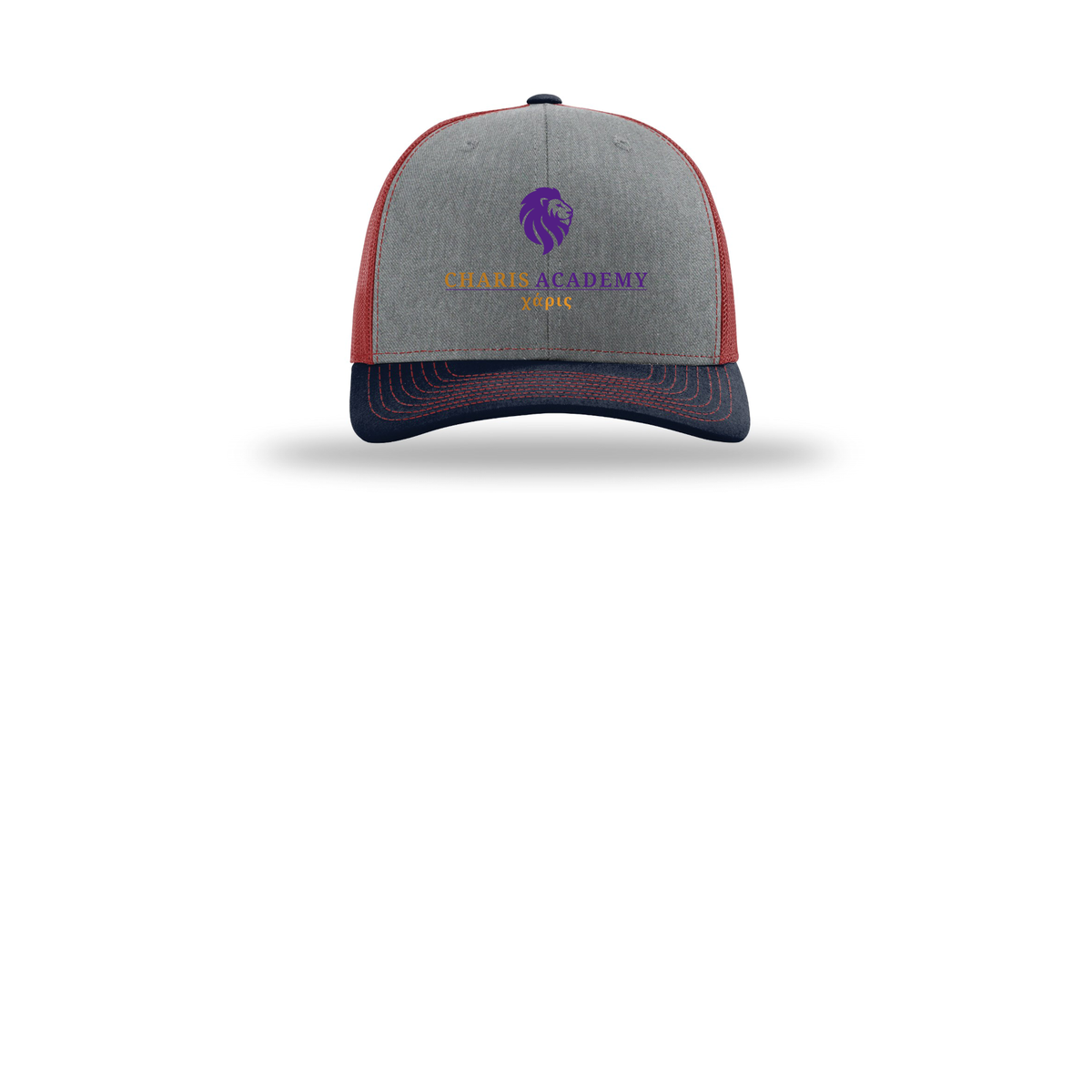 cahazleton-richardson-trucker-cap-embroidery-capfront-R112-heathergreycardinalnavy-flat-front