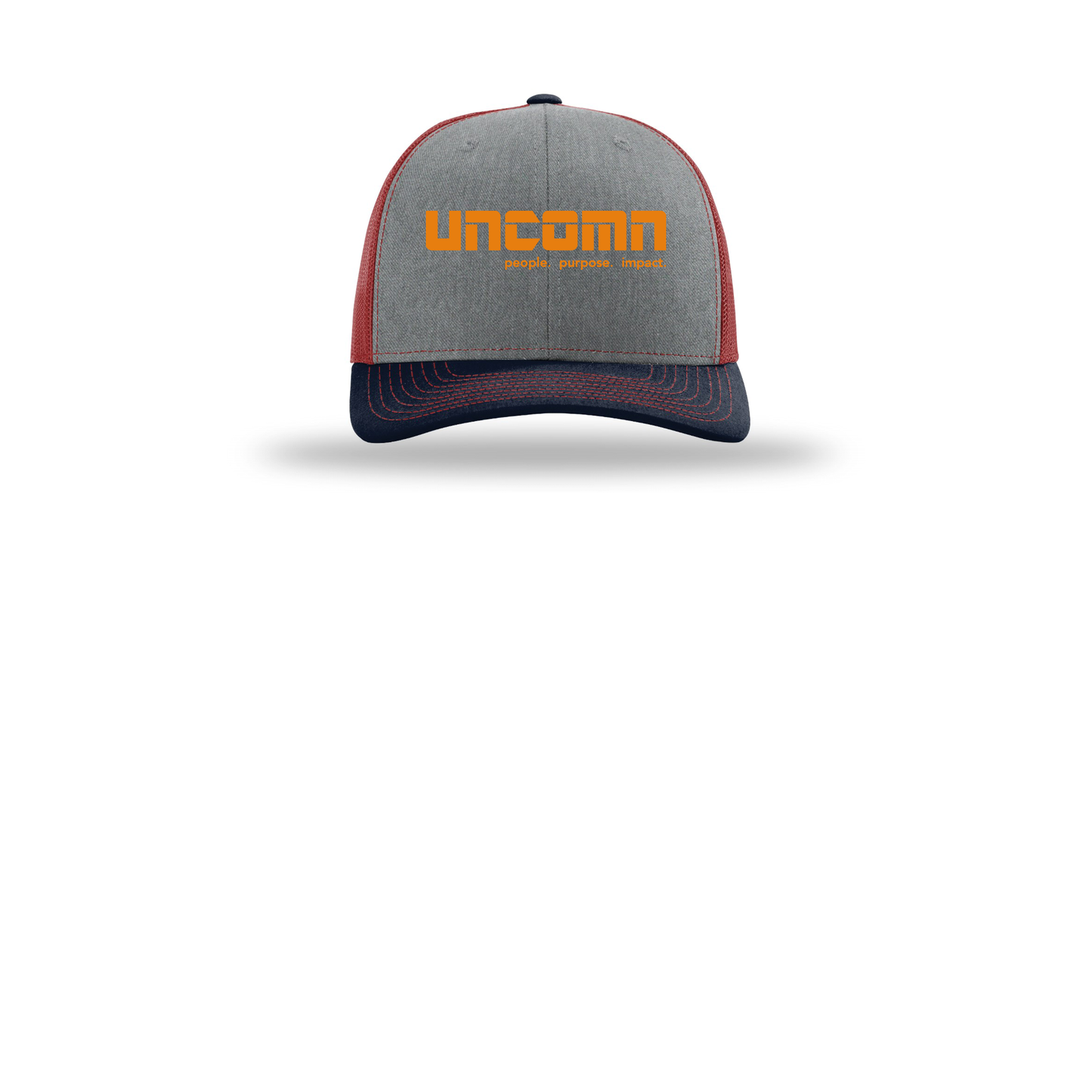 uncomn-richardson-trucker-cap-embroidery-capfront-R112-heathergreycardinalnavy-flat-front