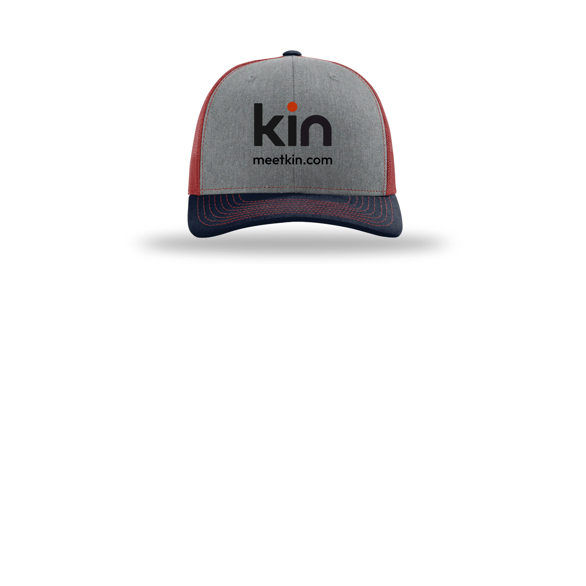 kin-richardson-trucker-cap-embroidery-capfront-R112-heathergreycardinalnavy-flat-front