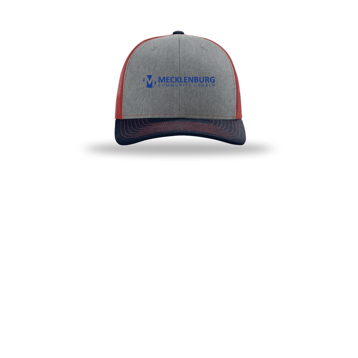 mecklenburg-richardson-trucker-cap-embroidery-capfront-R112-heathergreycardinalnavy-flat-front