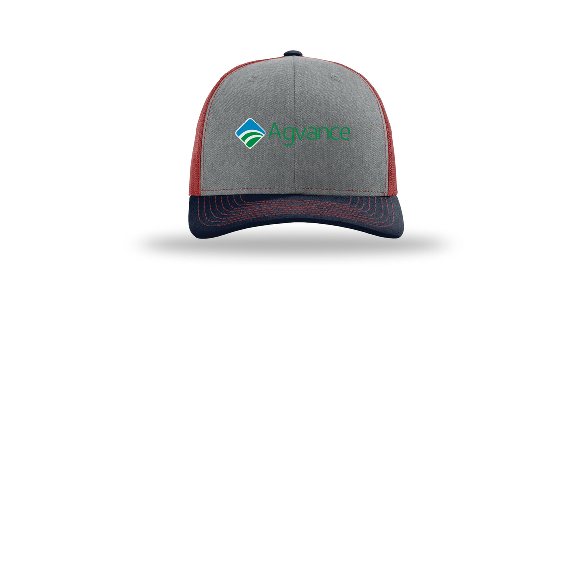 agvance-richardson-trucker-cap-embroidery-capfront-R112-heathergreycardinalnavy-flat-front