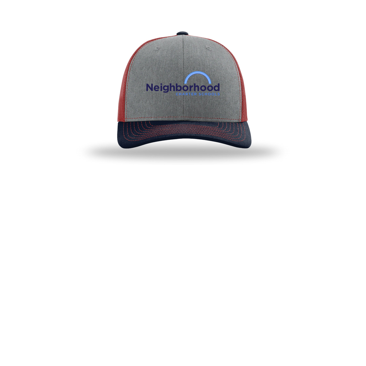 ncschools-richardson-trucker-cap-embroidery-capfront-R112-heathergreycardinalnavy-flat-front