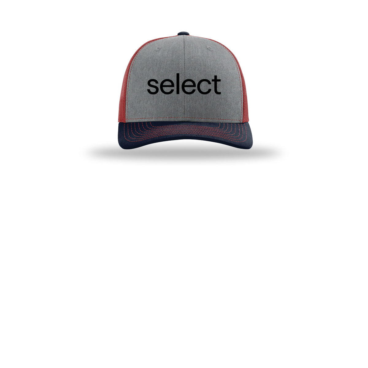 meetselect-richardson-trucker-cap-embroidery-capfront-R112-heathergreycardinalnavy-flat-front