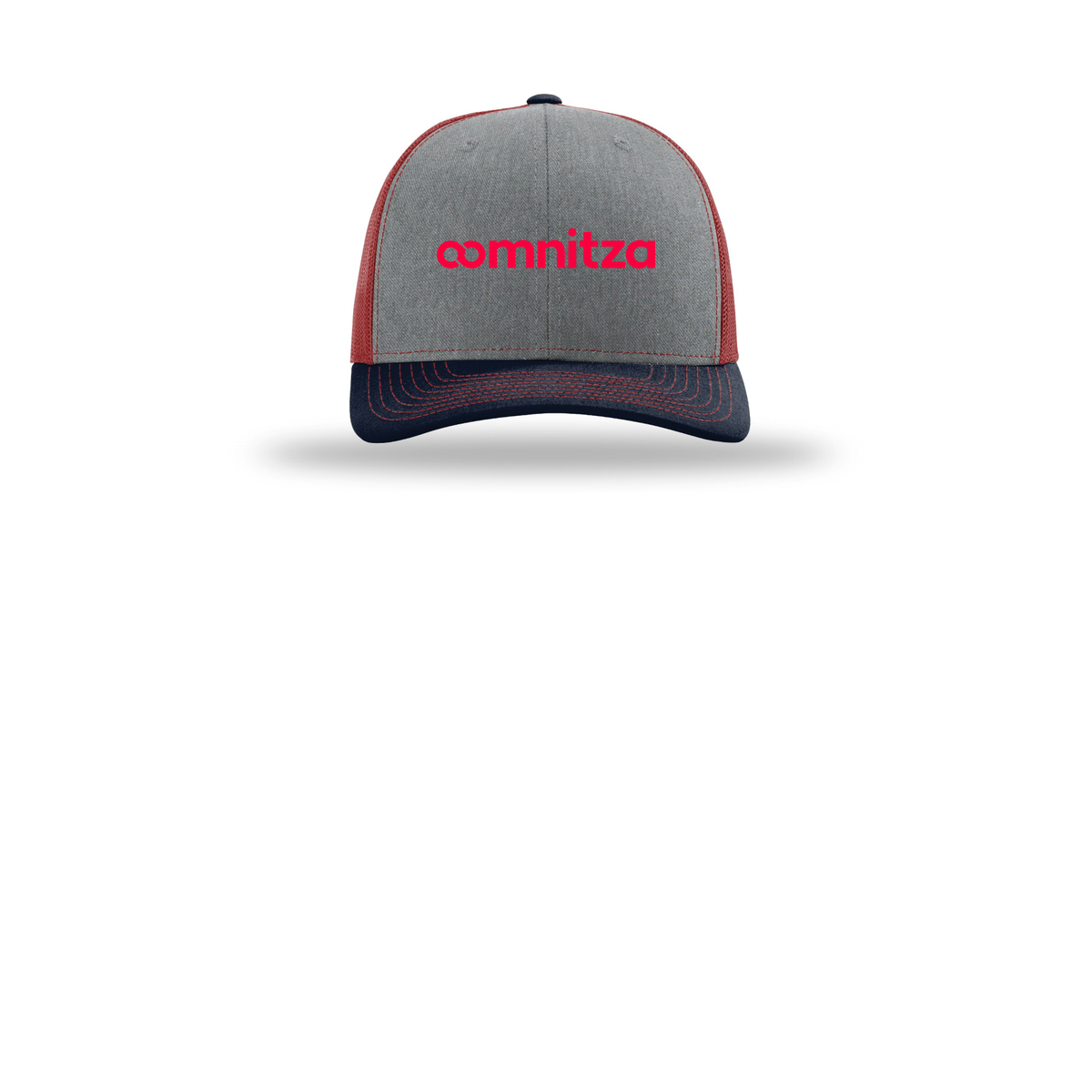 oomnitza-richardson-trucker-cap-embroidery-capfront-R112-heathergreycardinalnavy-flat-front