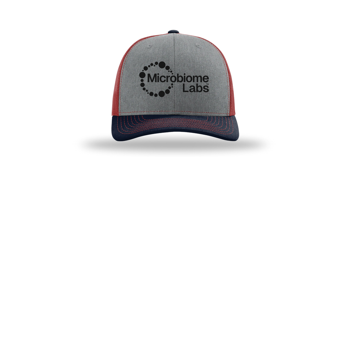 microbiomelabs-richardson-trucker-cap-embroidery-capfront-R112-heathergreycardinalnavy-flat-front