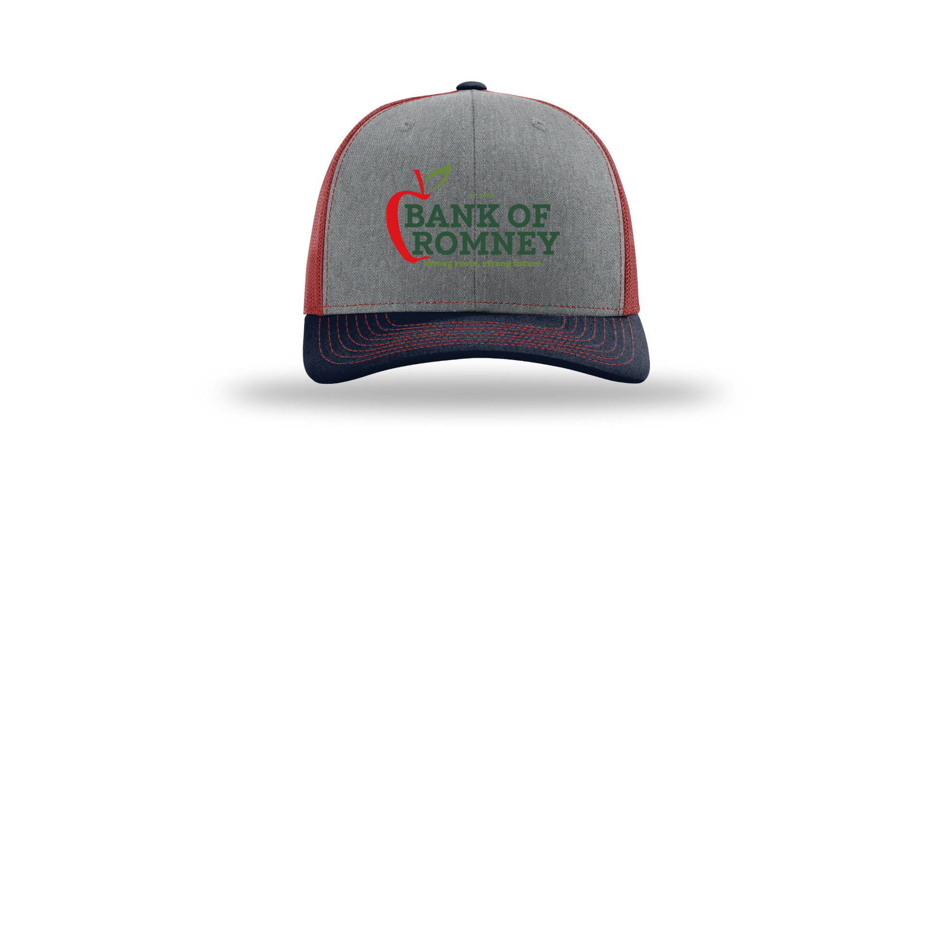 bankofromney-richardson-trucker-cap-embroidery-capfront-R112-heathergreycardinalnavy-flat-front