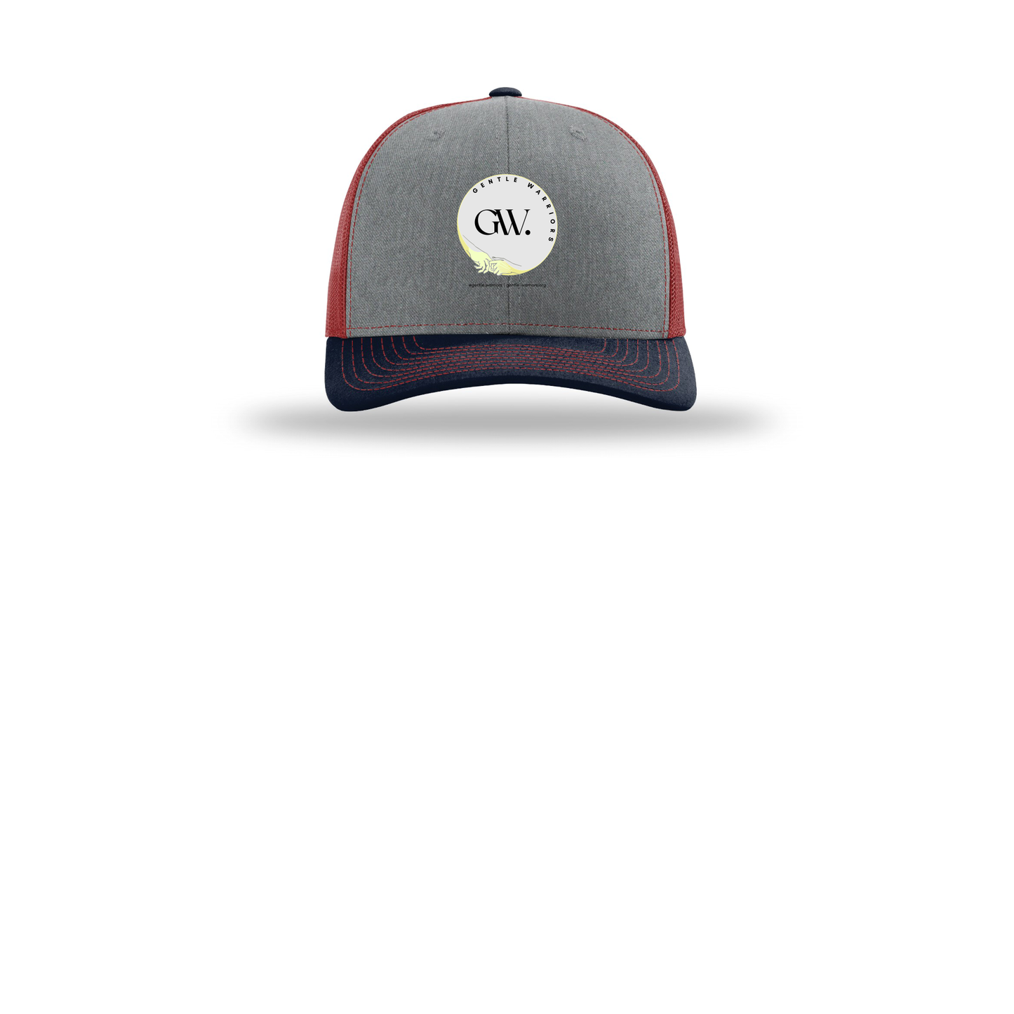 gentle-warriors-richardson-trucker-cap-embroidery-capfront-R112-heathergreycardinalnavy-flat-front