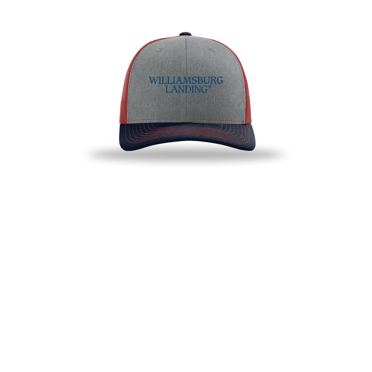 williamsburglanding-richardson-trucker-cap-embroidery-capfront-R112-heathergreycardinalnavy-flat-front