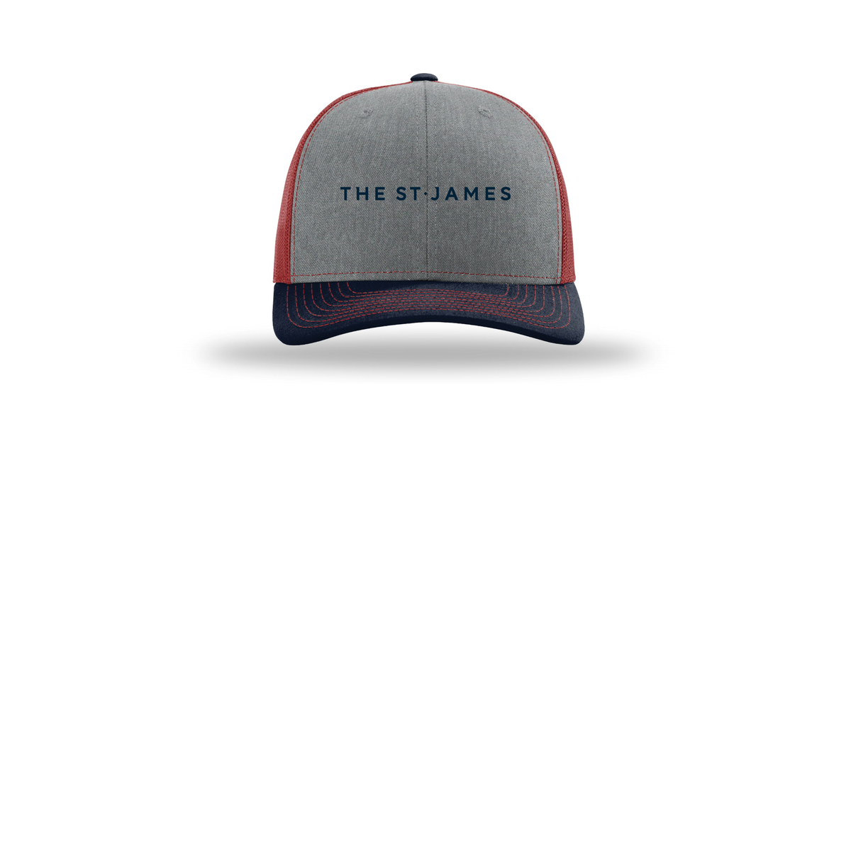thestjames-richardson-trucker-cap-embroidery-capfront-R112-heathergreycardinalnavy-flat-front