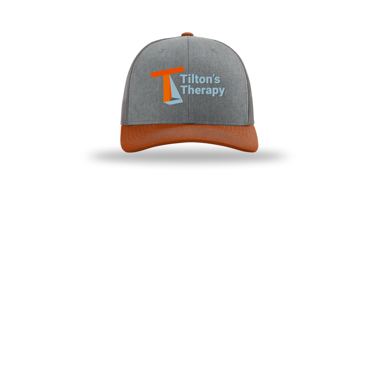 tiltonstherapy-richardson-trucker-cap-embroidery-capfront-R112-heathergreycharcoaldarkorange-flat-front