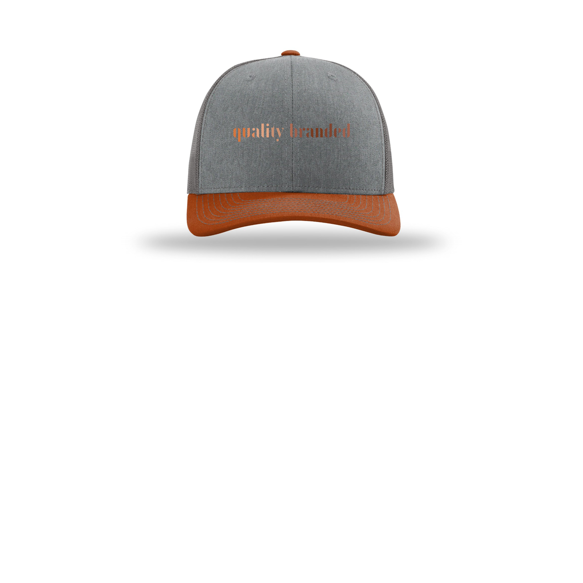 qualitybranded-richardson-trucker-cap-embroidery-capfront-R112-heathergreycharcoaldarkorange-flat-front