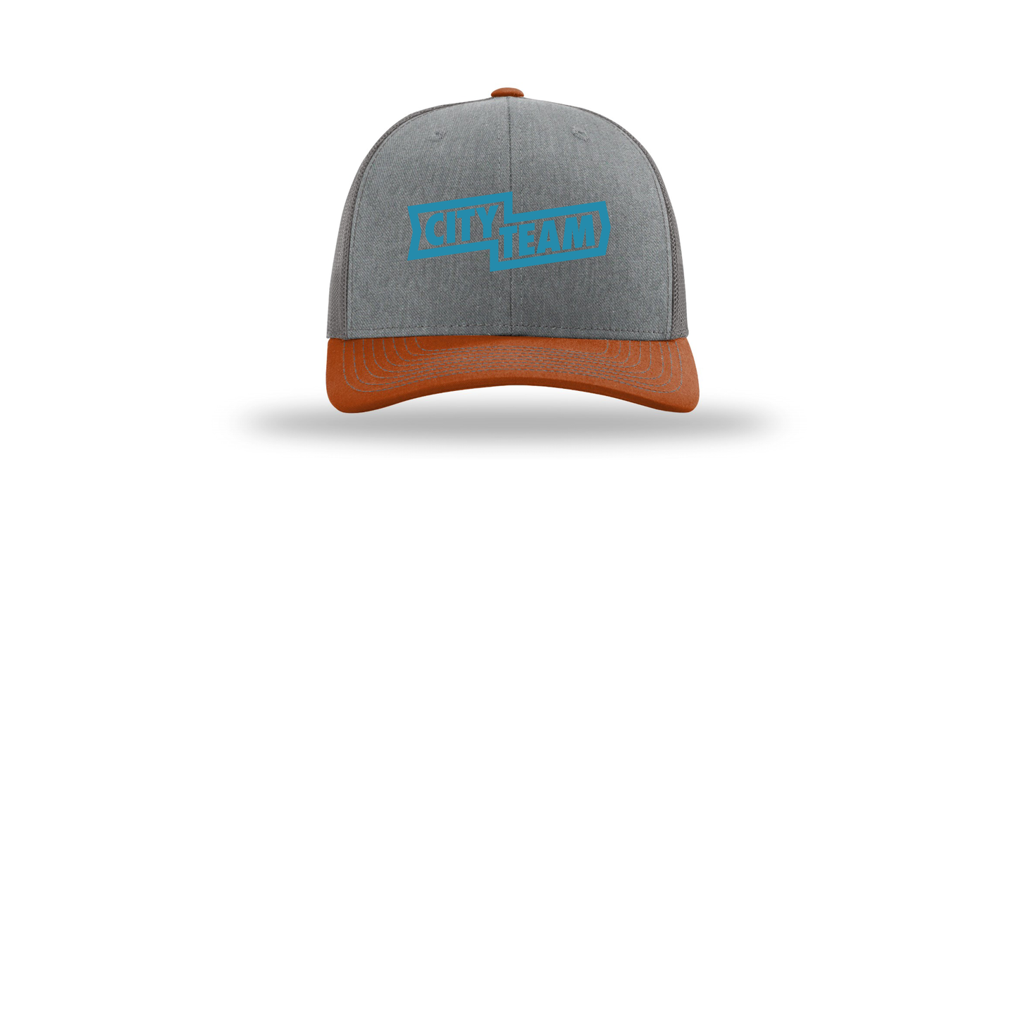 cityteam-richardson-trucker-cap-embroidery-capfront-R112-heathergreycharcoaldarkorange-flat-front