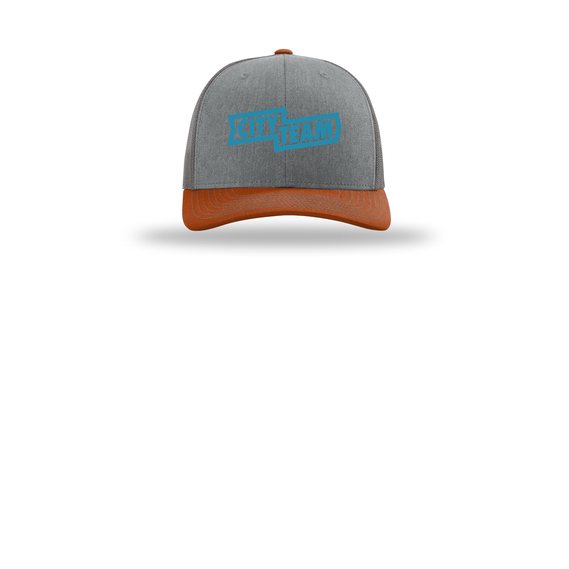 cityteam-richardson-trucker-cap-embroidery-capfront-R112-heathergreycharcoaldarkorange-flat-front