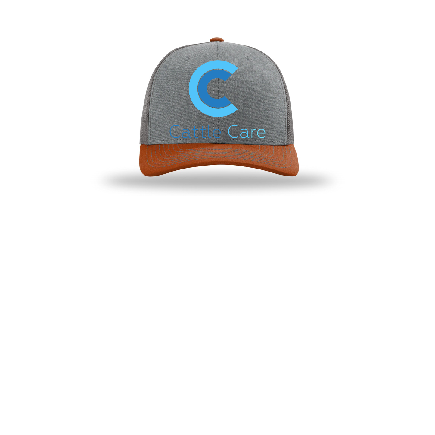 cattle-care-richardson-trucker-cap-embroidery-capfront-R112-heathergreycharcoaldarkorange-flat-front