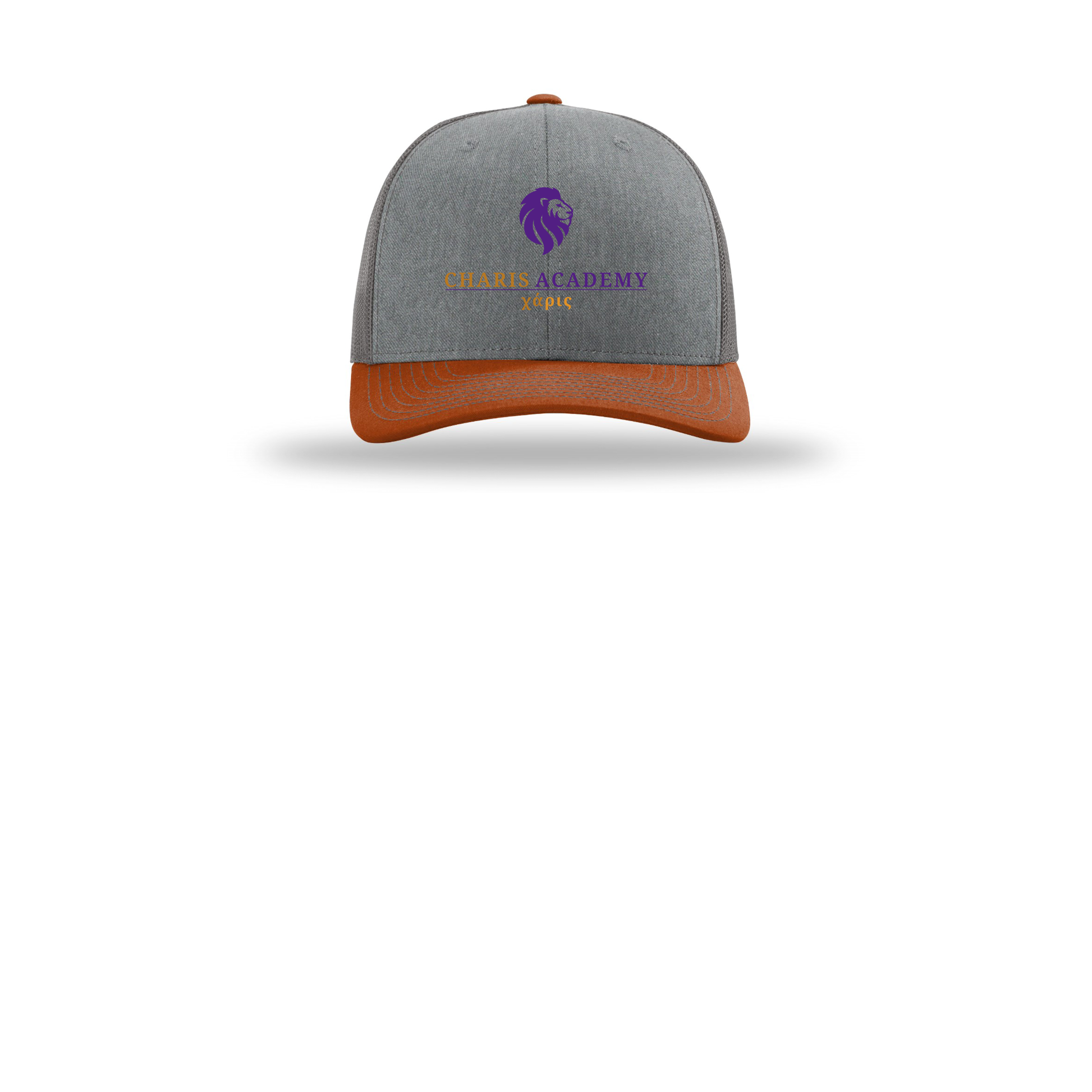 cahazleton-richardson-trucker-cap-embroidery-capfront-R112-heathergreycharcoaldarkorange-flat-front