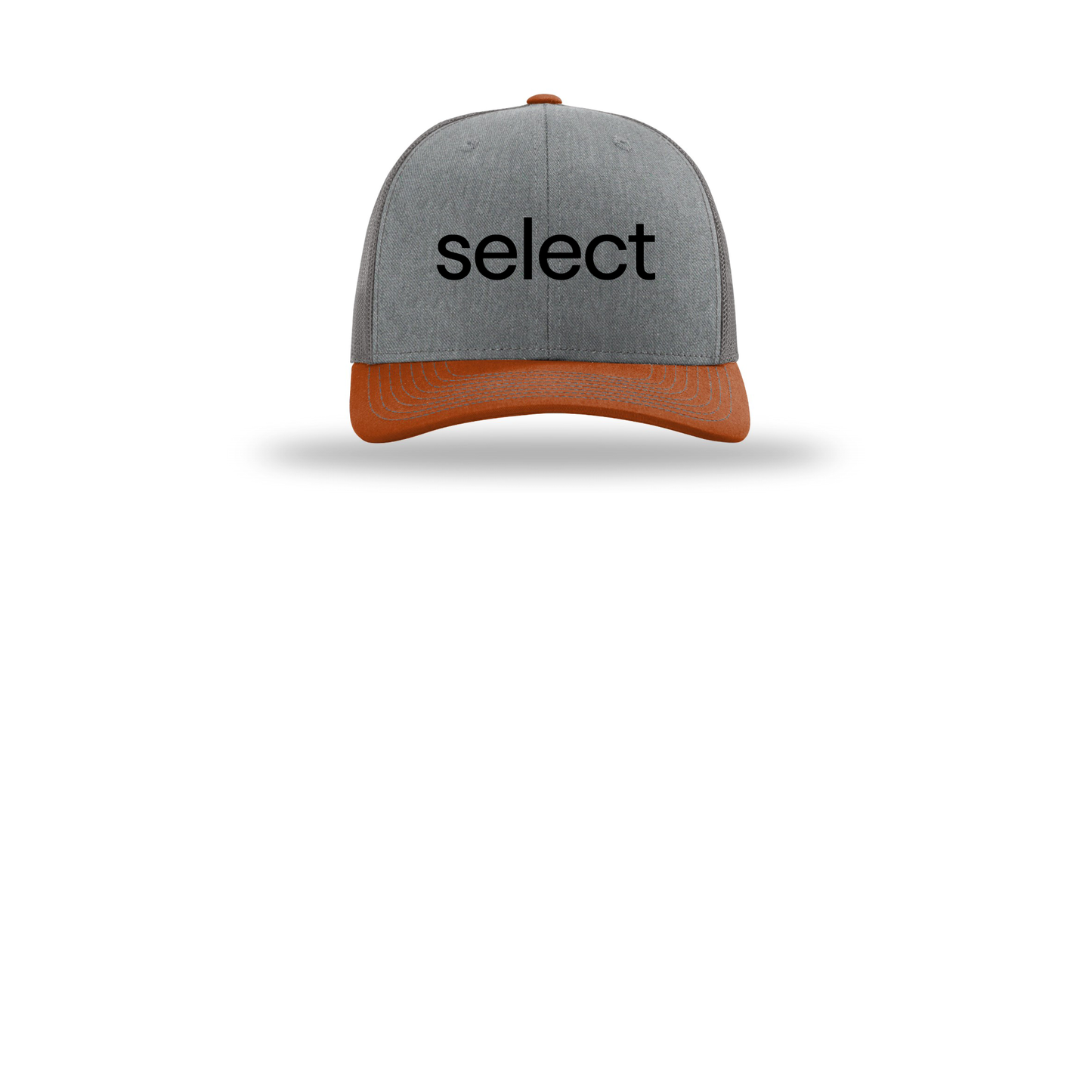 meetselect-richardson-trucker-cap-embroidery-capfront-R112-heathergreycharcoaldarkorange-flat-front