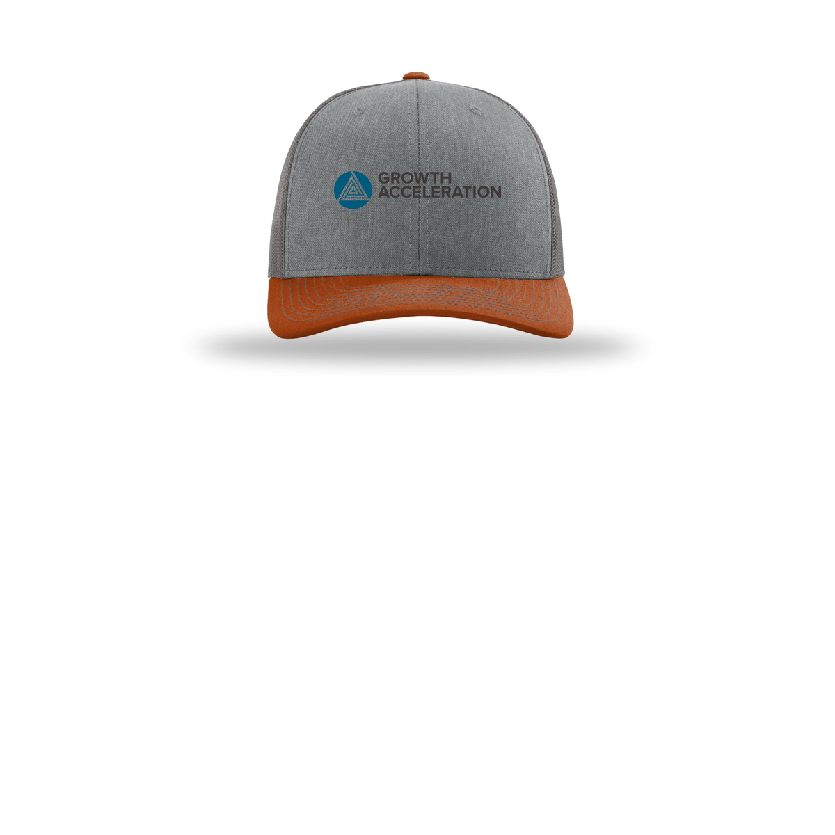 growthaccelerationpartners-richardson-trucker-cap-embroidery-capfront-R112-heathergreycharcoaldarkorange-flat-front