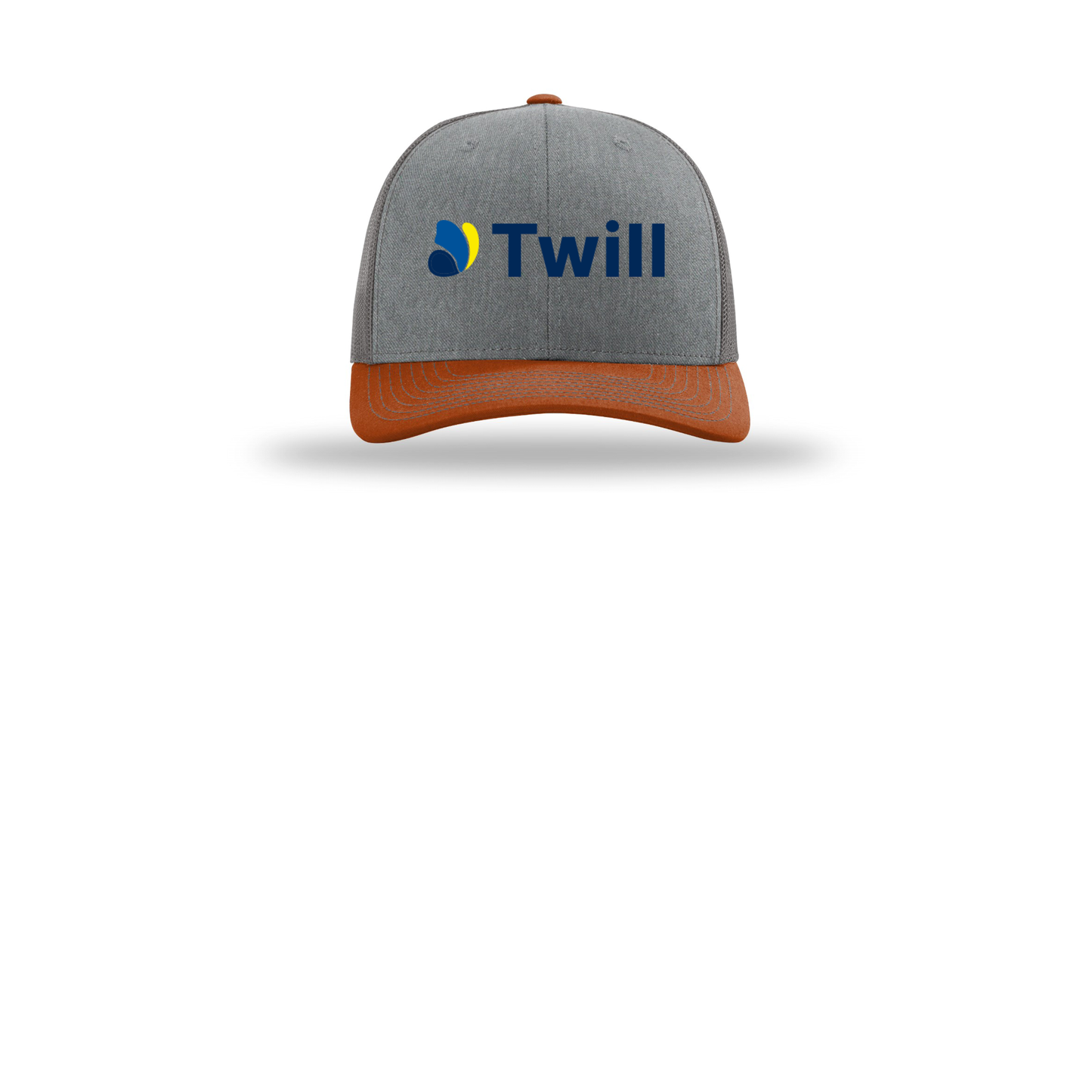 withtwill-richardson-trucker-cap-embroidery-capfront-R112-heathergreycharcoaldarkorange-flat-front