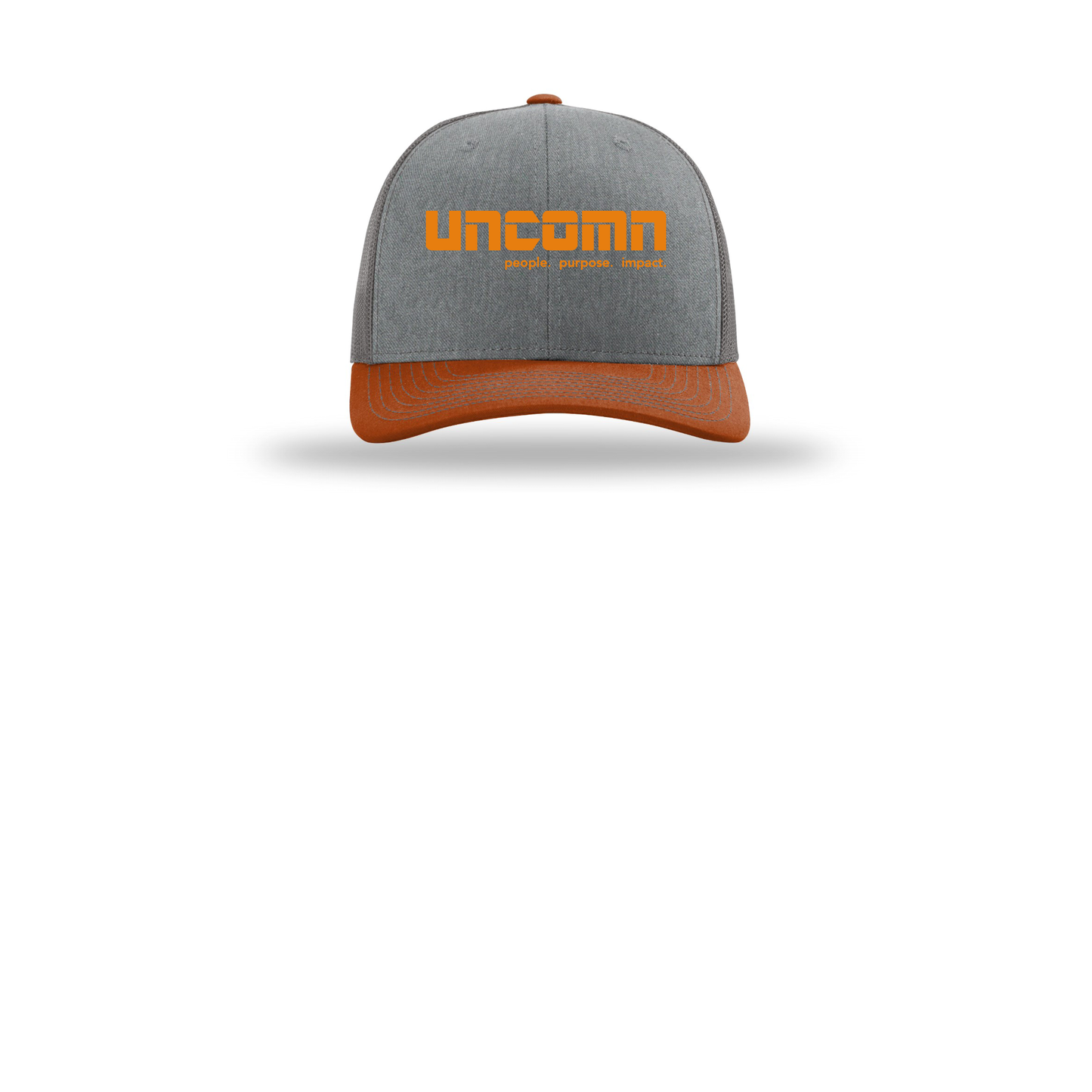 uncomn-richardson-trucker-cap-embroidery-capfront-R112-heathergreycharcoaldarkorange-flat-front