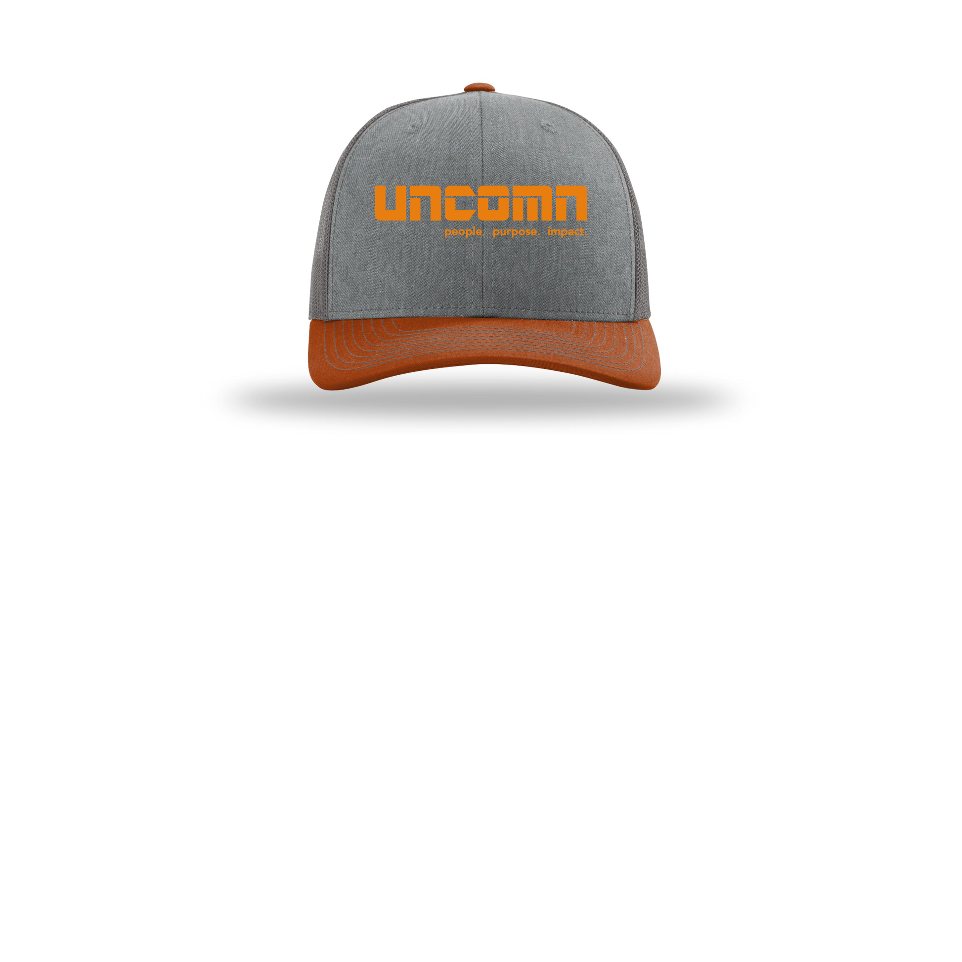uncomn-richardson-trucker-cap-embroidery-capfront-R112-heathergreycharcoaldarkorange-flat-front