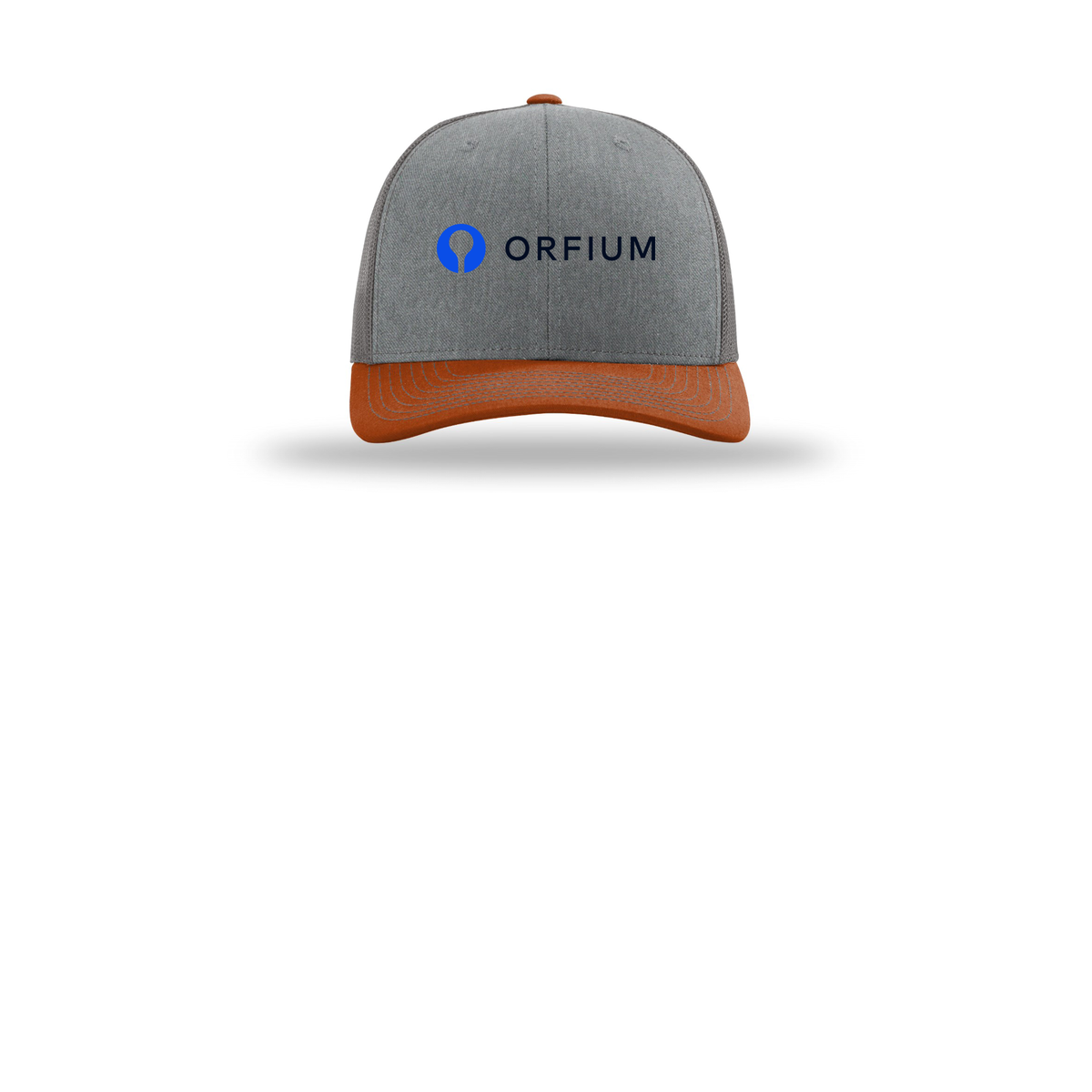 orfium-richardson-trucker-cap-embroidery-capfront-R112-heathergreycharcoaldarkorange-flat-front