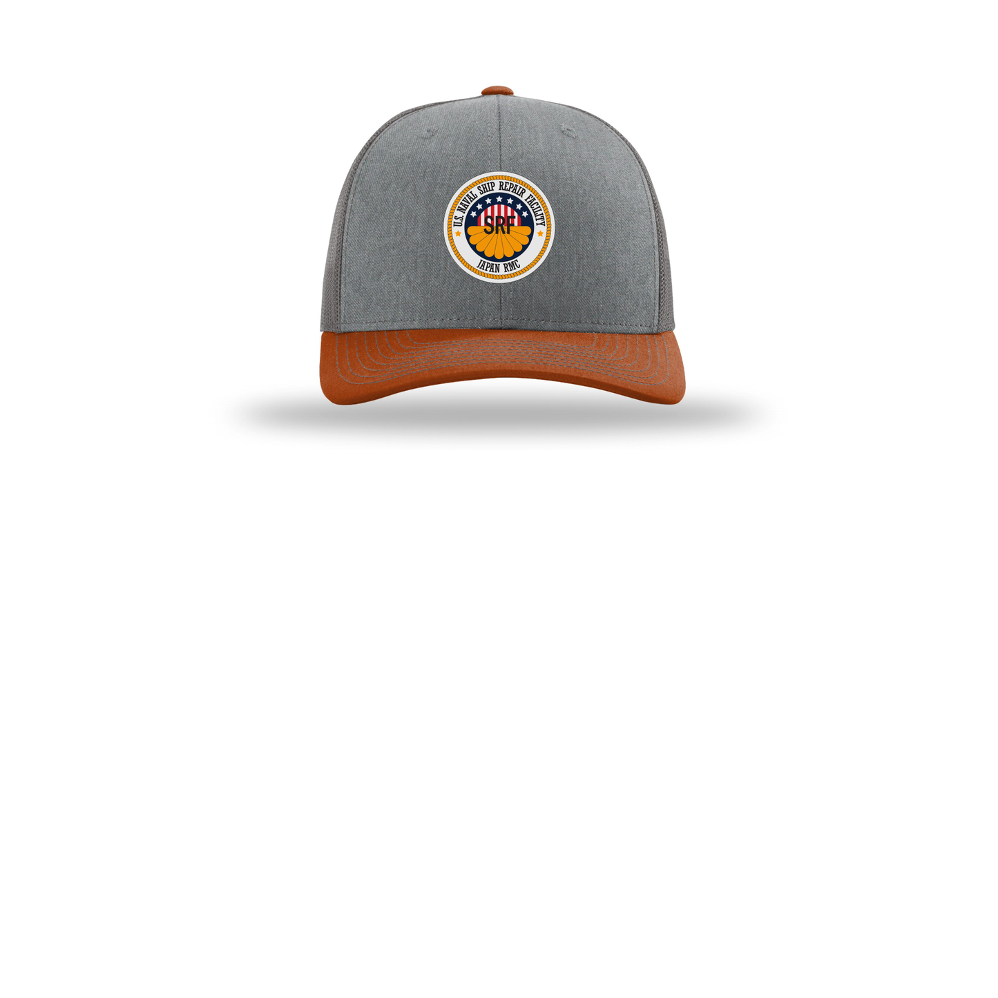 srf-jrmc-richardson-trucker-cap-embroidery-capfront-R112-heathergreycharcoaldarkorange-flat-front