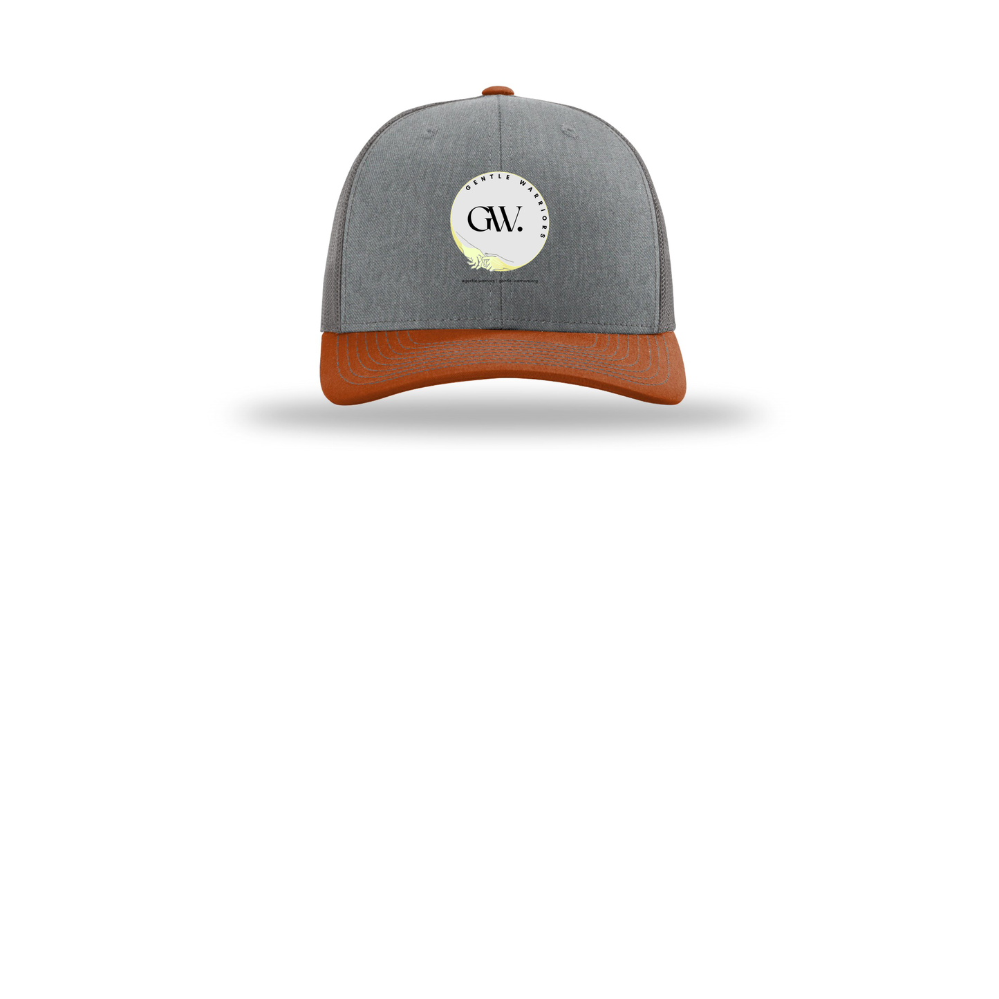 gentle-warriors-richardson-trucker-cap-embroidery-capfront-R112-heathergreycharcoaldarkorange-flat-front