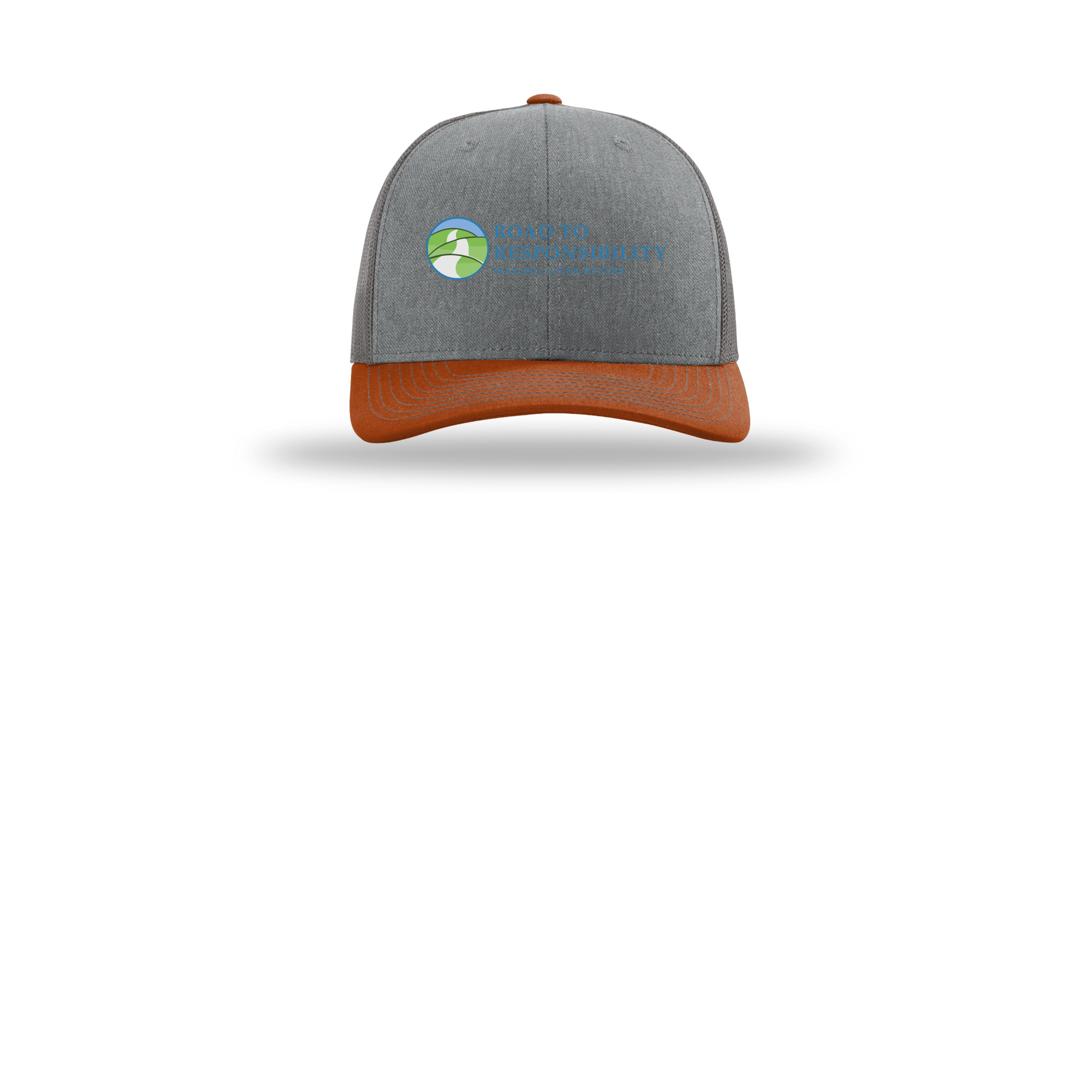 roadtoresponsibility-richardson-trucker-cap-embroidery-capfront-R112-heathergreycharcoaldarkorange-flat-front