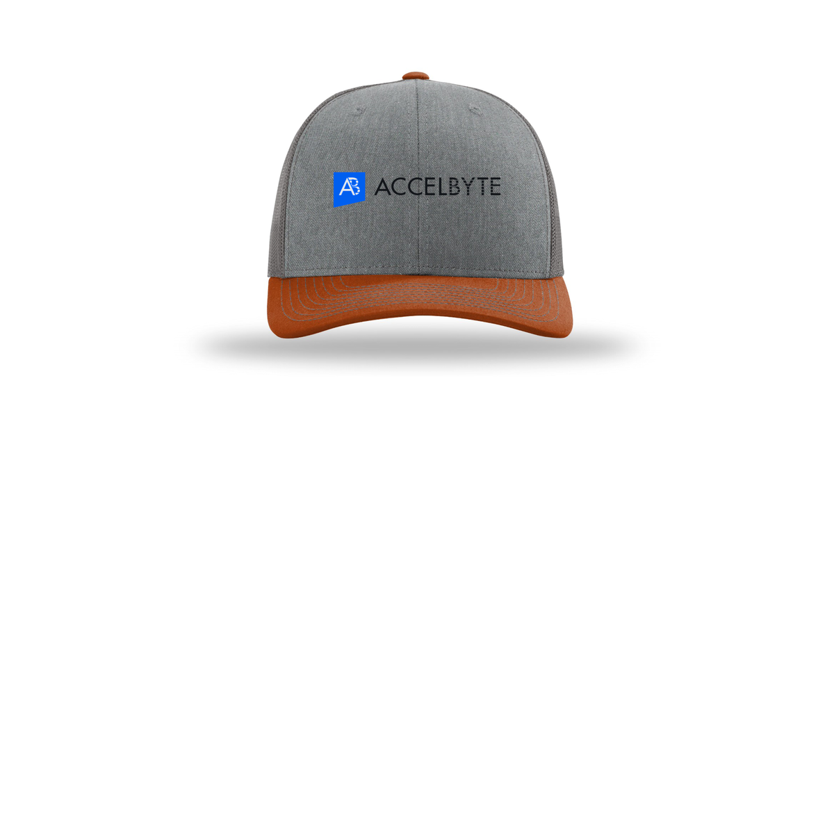 accelbyte-richardson-trucker-cap-embroidery-capfront-R112-heathergreycharcoaldarkorange-flat-front