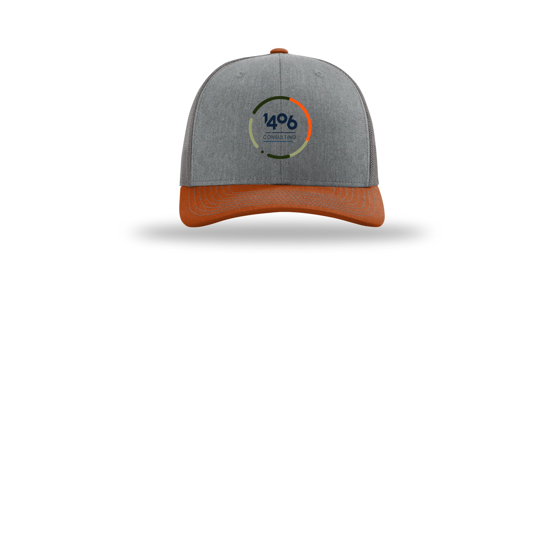 1406consulting-richardson-trucker-cap-embroidery-capfront-R112-heathergreycharcoaldarkorange-flat-front