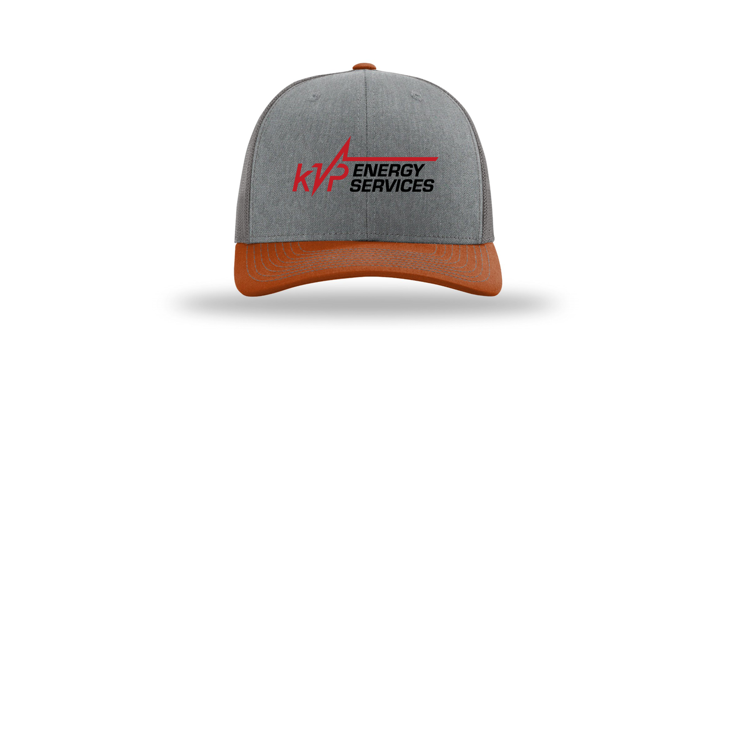 kvpenergy-richardson-trucker-cap-embroidery-capfront-R112-heathergreycharcoaldarkorange-flat-front