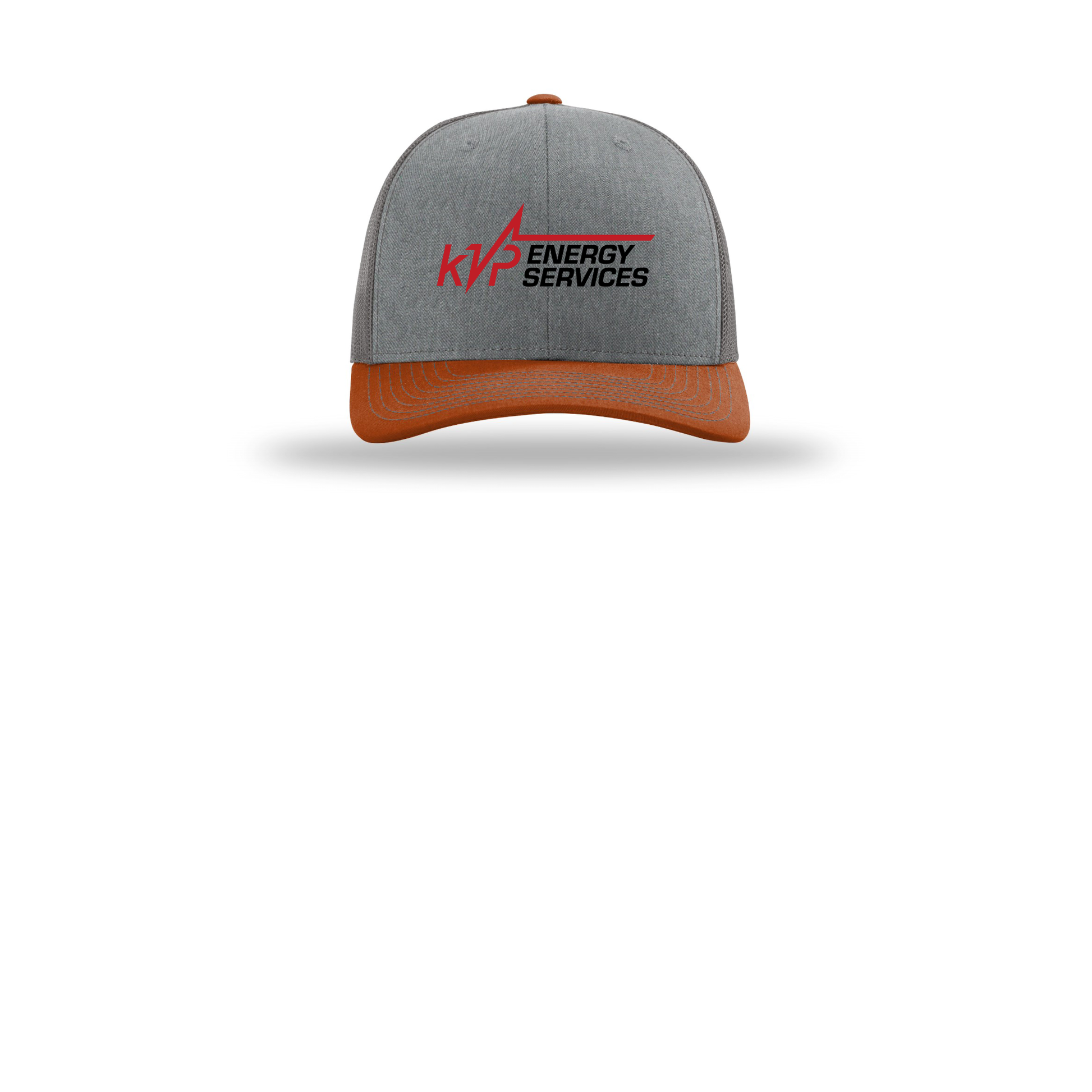 kvpenergy-richardson-trucker-cap-embroidery-capfront-R112-heathergreycharcoaldarkorange-flat-front