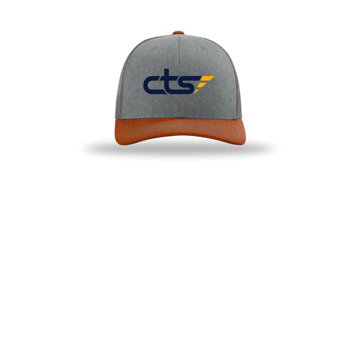 cts1-richardson-trucker-cap-embroidery-capfront-R112-heathergreycharcoaldarkorange-flat-front