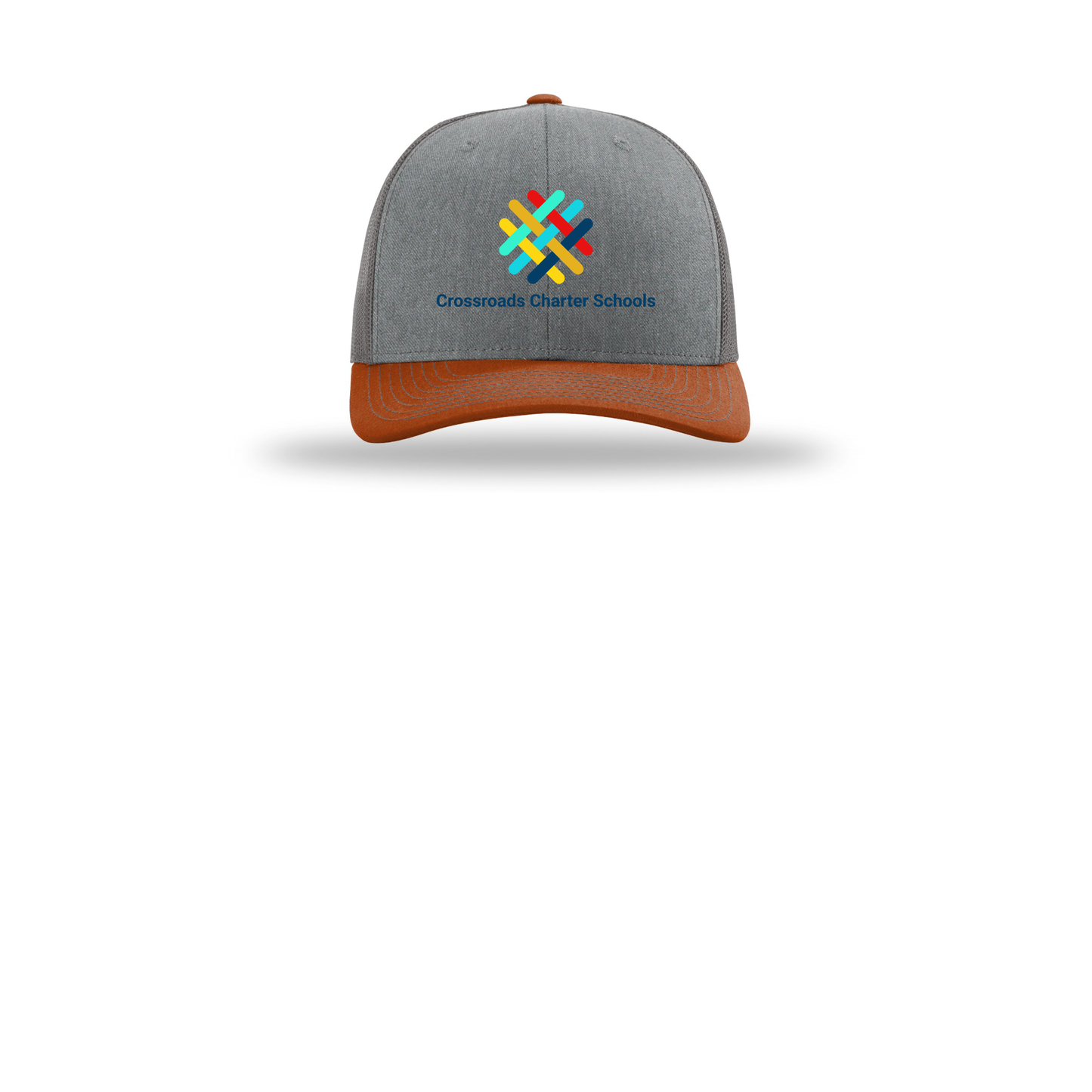 crossroadsschoolskc-richardson-trucker-cap-embroidery-capfront-R112-heathergreycharcoaldarkorange-flat-front