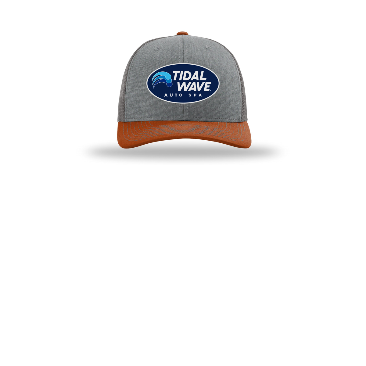 tidalwaveautospa-richardson-trucker-cap-embroidery-capfront-R112-heathergreycharcoaldarkorange-flat-front