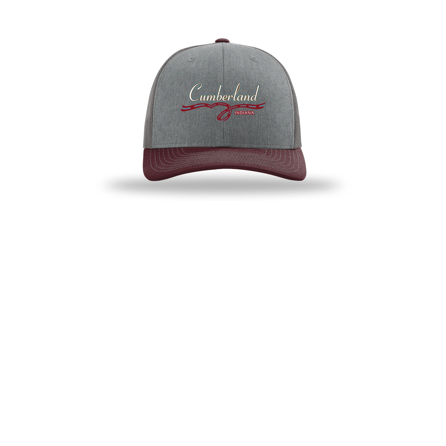 cumberland-richardson-trucker-cap-embroidery-capfront-R112-heathergreycharcoalmaroon-flat-front