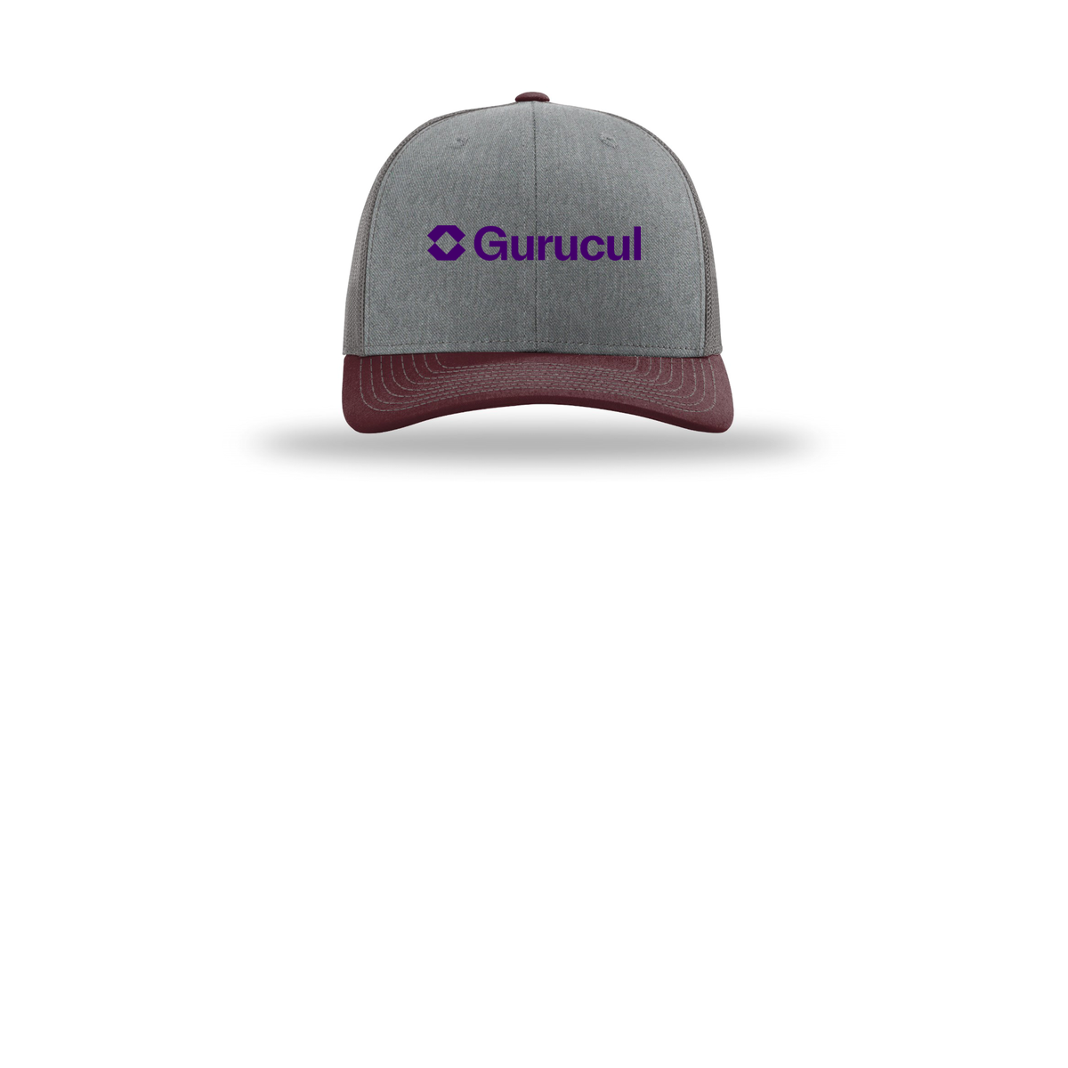 gurucul-richardson-trucker-cap-embroidery-capfront-R112-heathergreycharcoalmaroon-flat-front