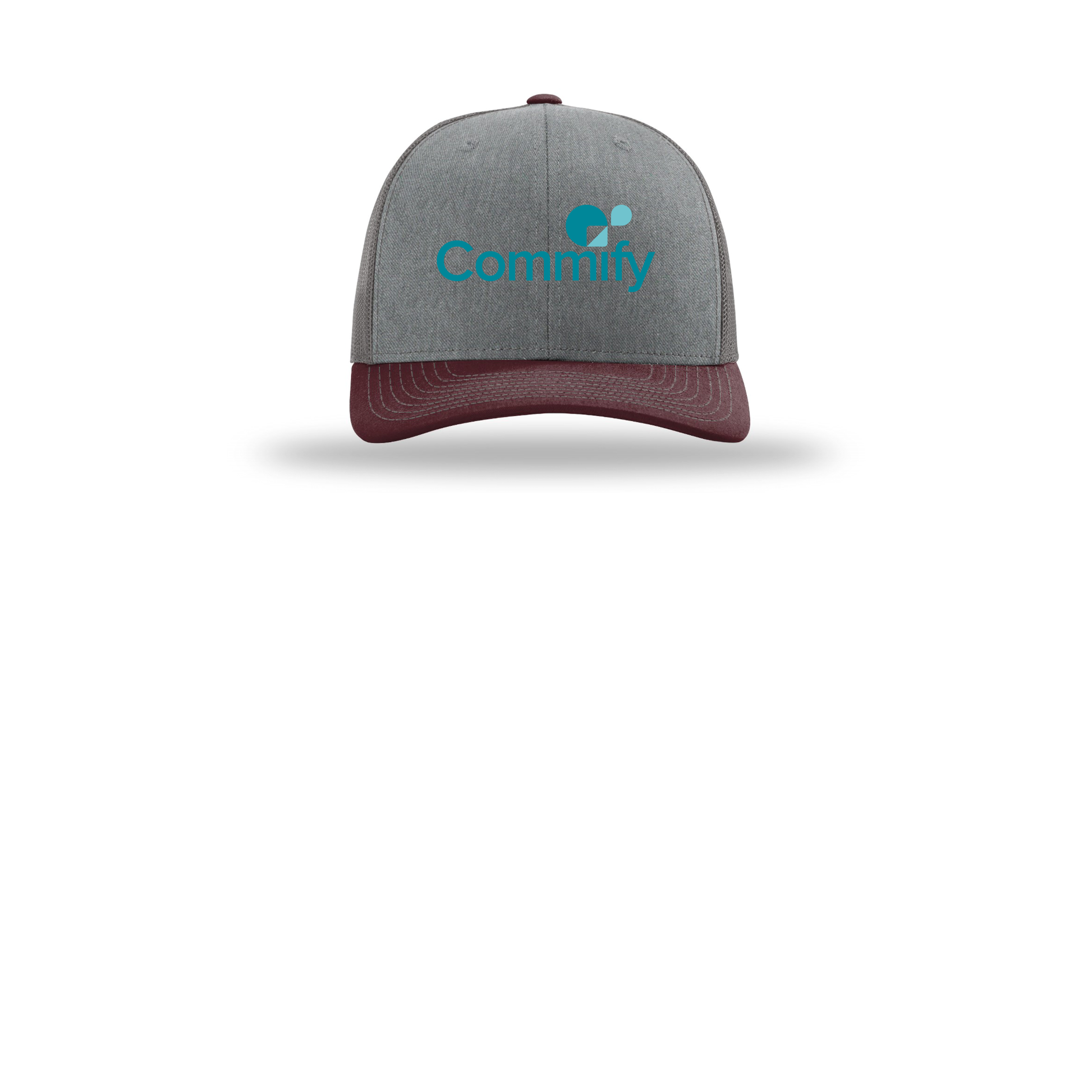 commify-richardson-trucker-cap-embroidery-capfront-R112-heathergreycharcoalmaroon-flat-front