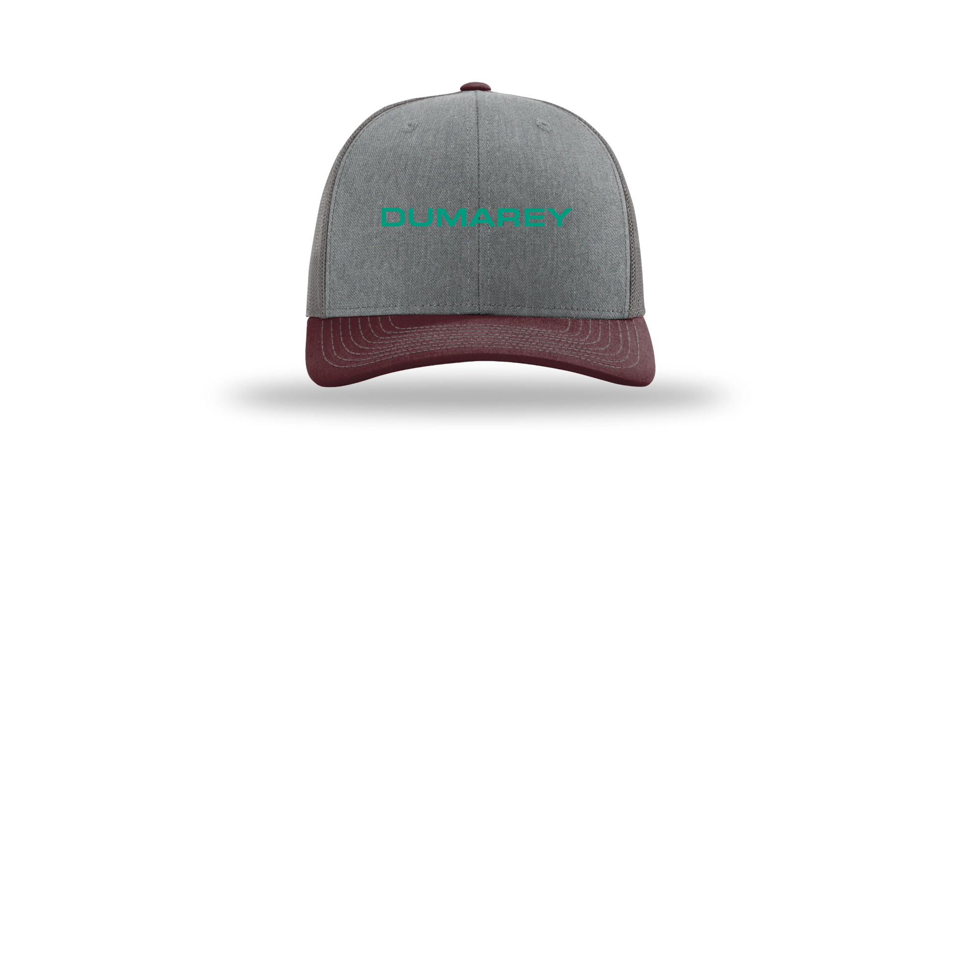 dumarey-richardson-trucker-cap-embroidery-capfront-R112-heathergreycharcoalmaroon-flat-front