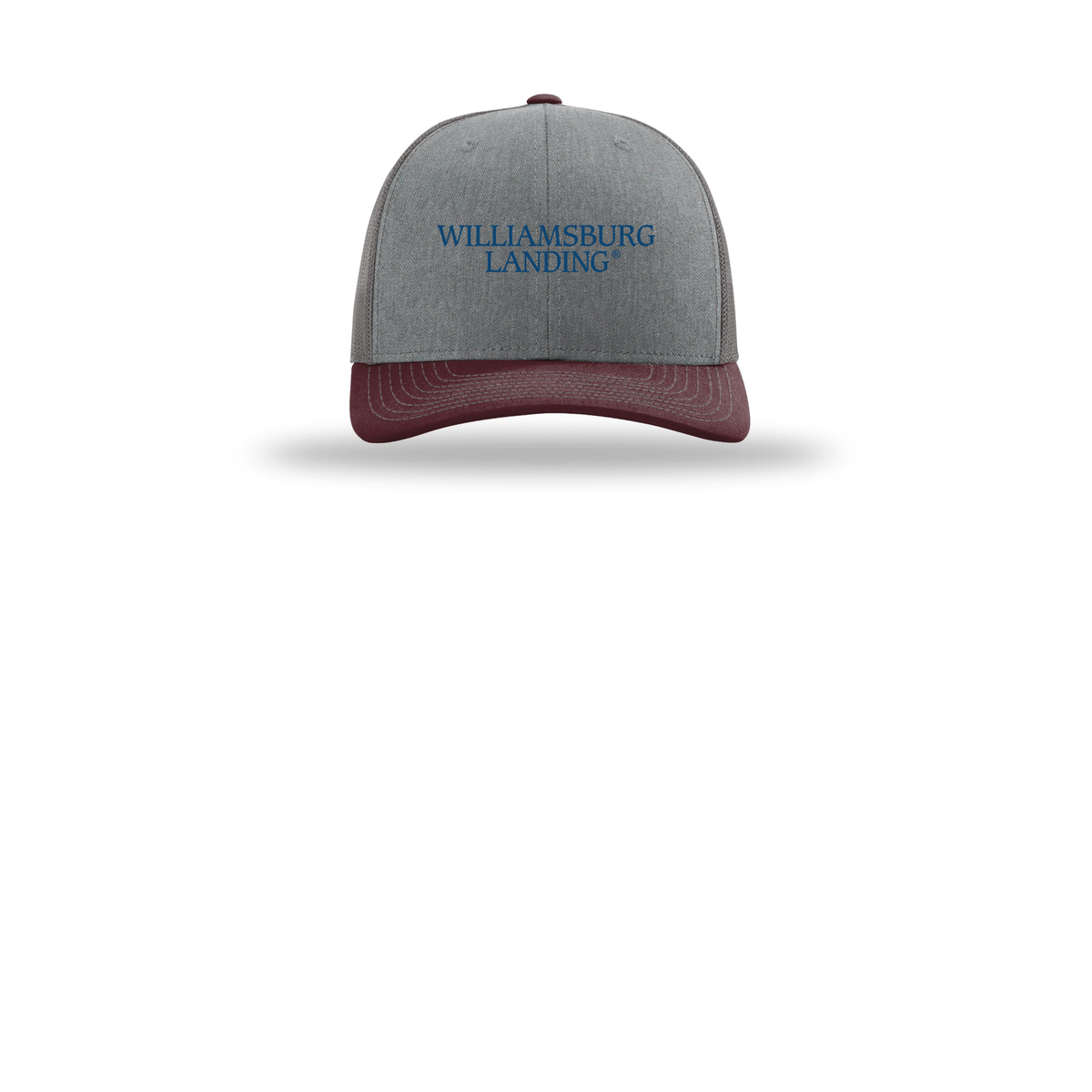 williamsburglanding-richardson-trucker-cap-embroidery-capfront-R112-heathergreycharcoalmaroon-flat-front