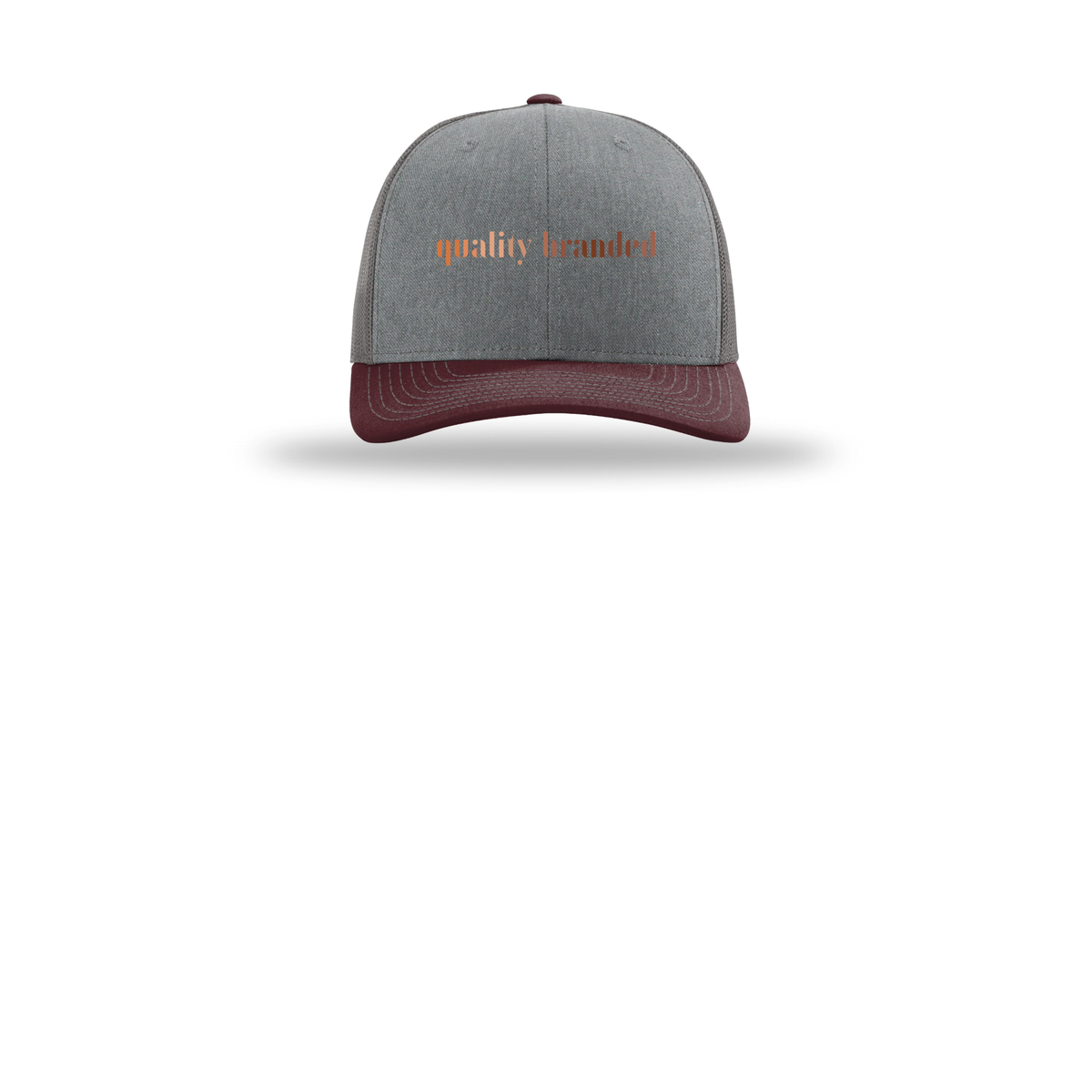 qualitybranded-richardson-trucker-cap-embroidery-capfront-R112-heathergreycharcoalmaroon-flat-front