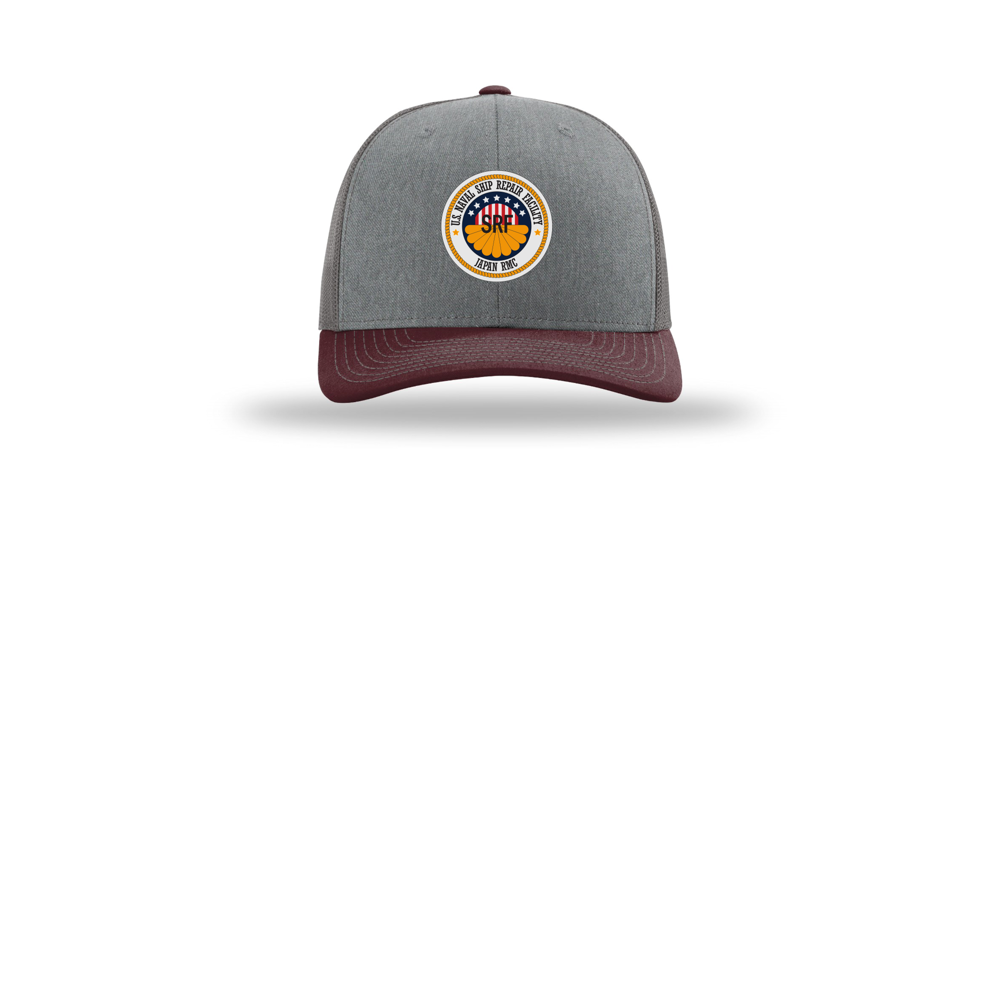 srf-jrmc-richardson-trucker-cap-embroidery-capfront-R112-heathergreycharcoalmaroon-flat-front