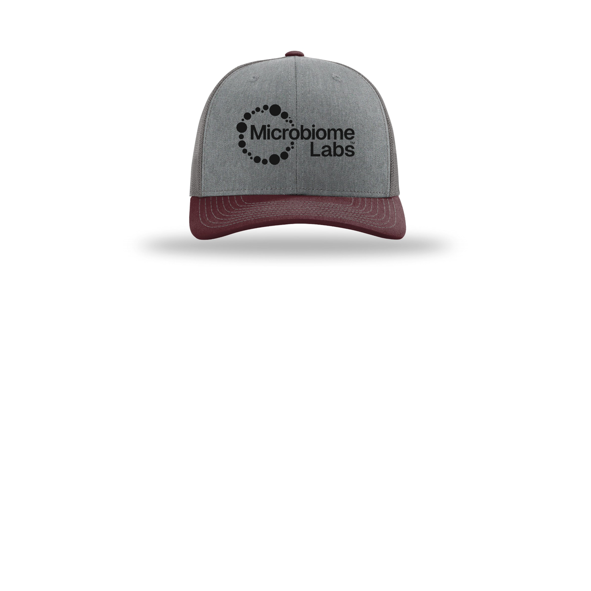 microbiomelabs-richardson-trucker-cap-embroidery-capfront-R112-heathergreycharcoalmaroon-flat-front