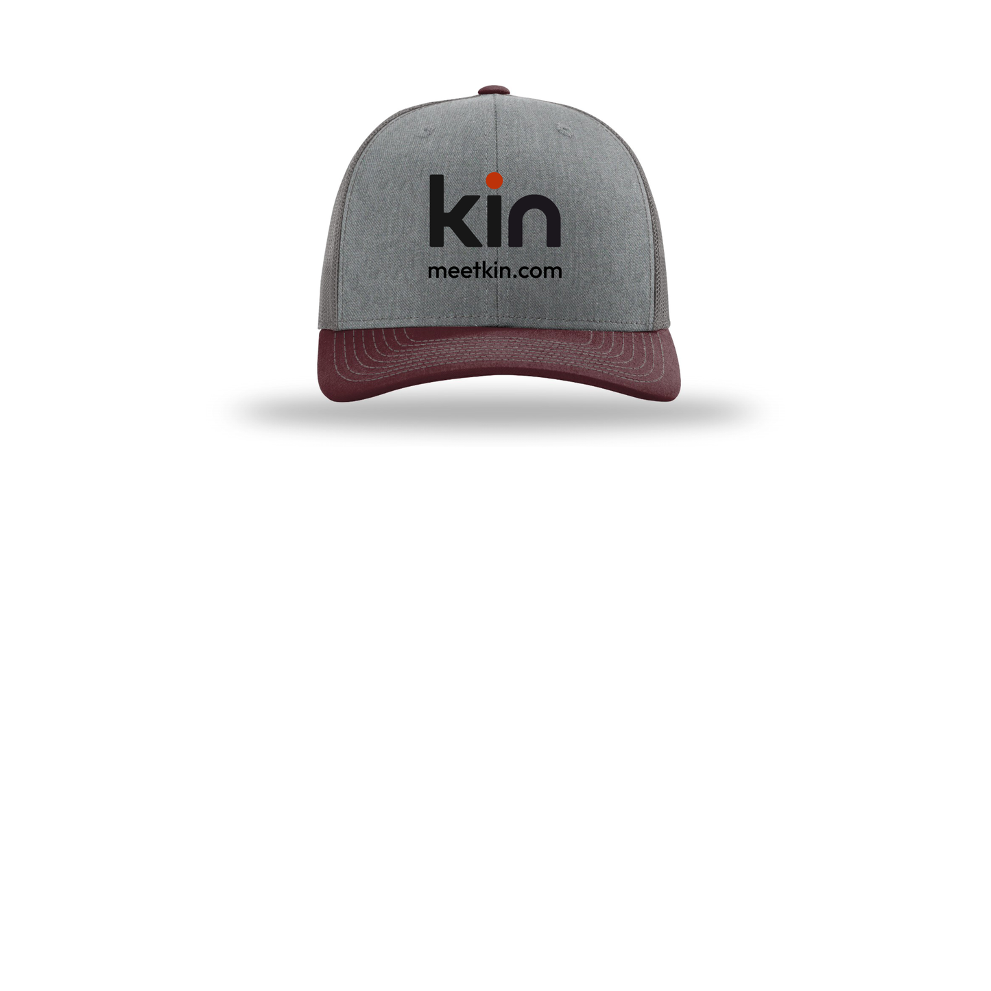 kin-richardson-trucker-cap-embroidery-capfront-R112-heathergreycharcoalmaroon-flat-front
