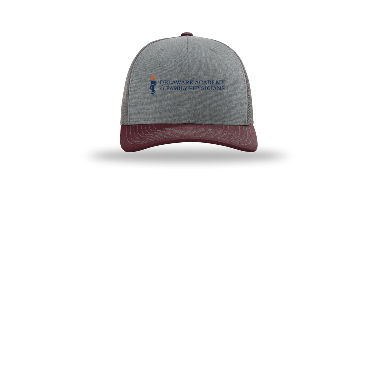 delfamdoc-richardson-trucker-cap-embroidery-capfront-R112-heathergreycharcoalmaroon-flat-front