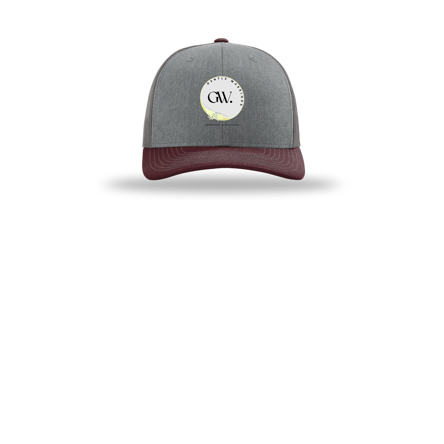 gentle-warriors-richardson-trucker-cap-embroidery-capfront-R112-heathergreycharcoalmaroon-flat-front