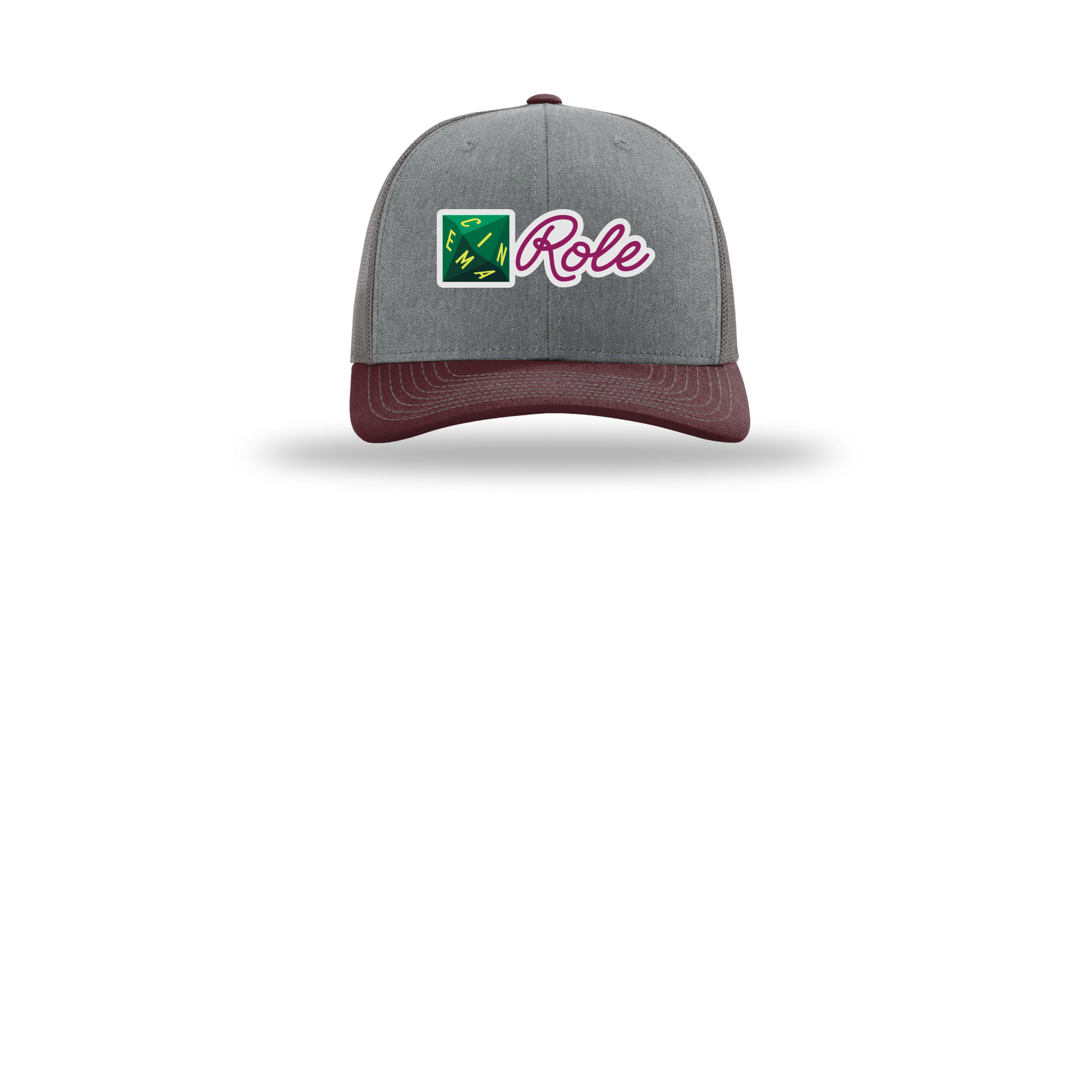 cinemarole-richardson-trucker-cap-embroidery-capfront-R112-heathergreycharcoalmaroon-flat-front