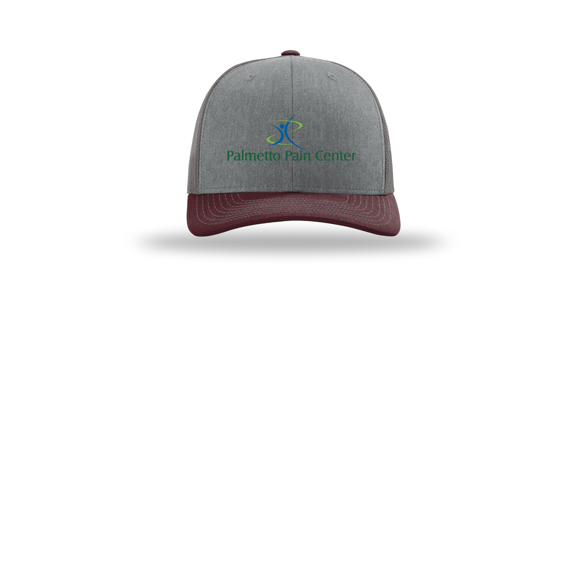 palmetto-pain-center-richardson-trucker-cap-embroidery-capfront-R112-heathergreycharcoalmaroon-flat-front